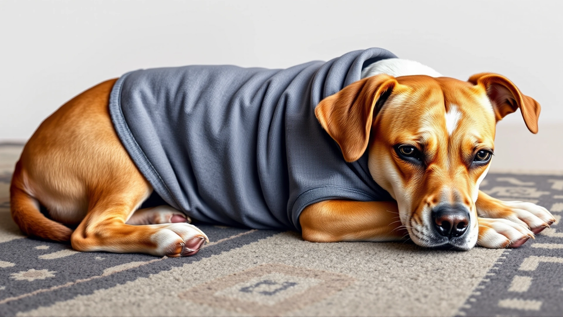 Dog wearing a snug gray anxiety wrap (Thundershirt) lying calmly on a rug, showcasing a popular calming product.
