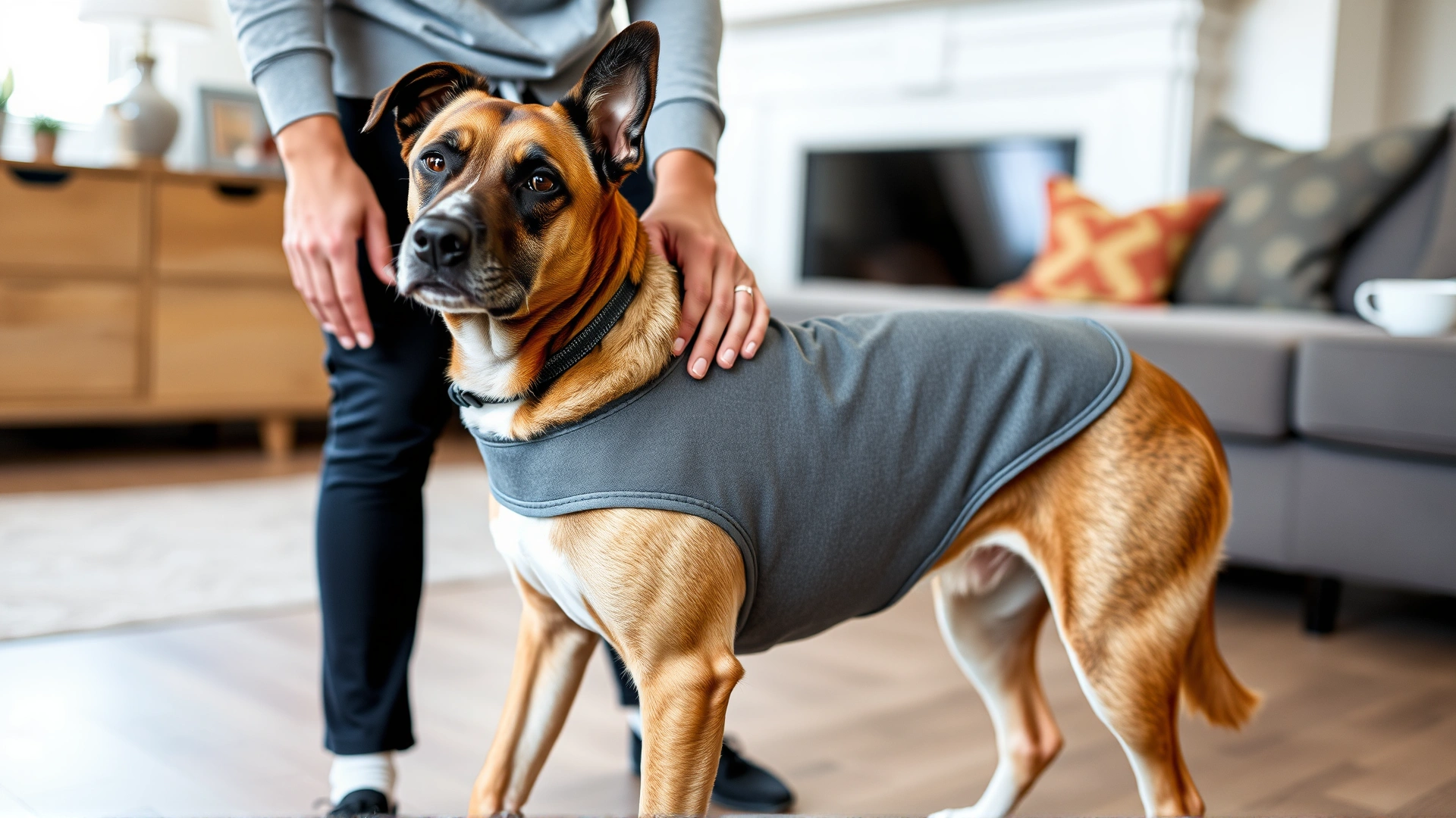 Medium-sized dog wearing a gray compression vest (thundershirt) standing calmly in a living room, owner gently petting the dog, clear focus on vest