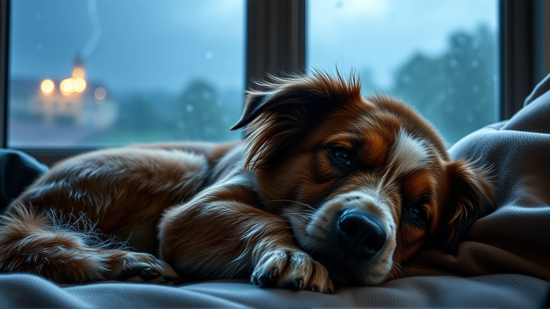 Dog lying calmly on owner's lap during a thunderstorm, soft indoor lighting with window showing rain outside