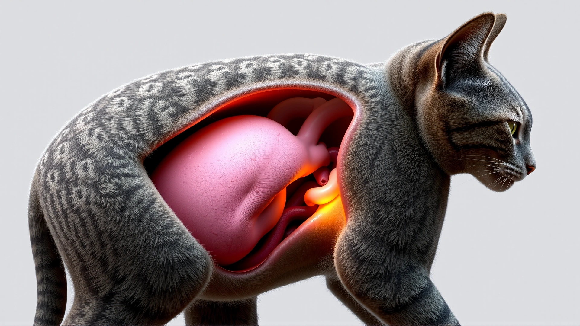 3D anatomical illustration of a cat showing internal organs with the thymus gland subtly highlighted, no text labels