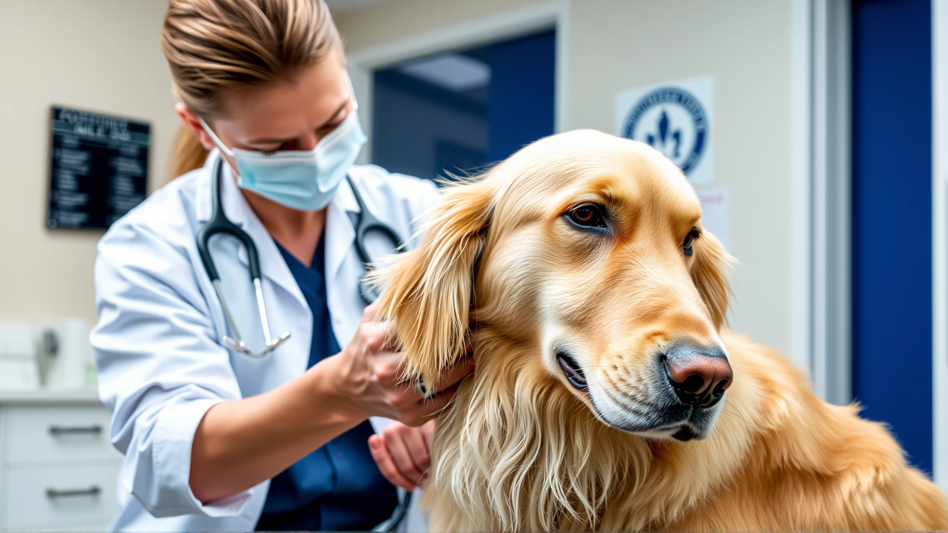 Veterinarian palpating the neck of a golden retriever to feel the thyroid gland, clinic interior, focused and professional atmosphere