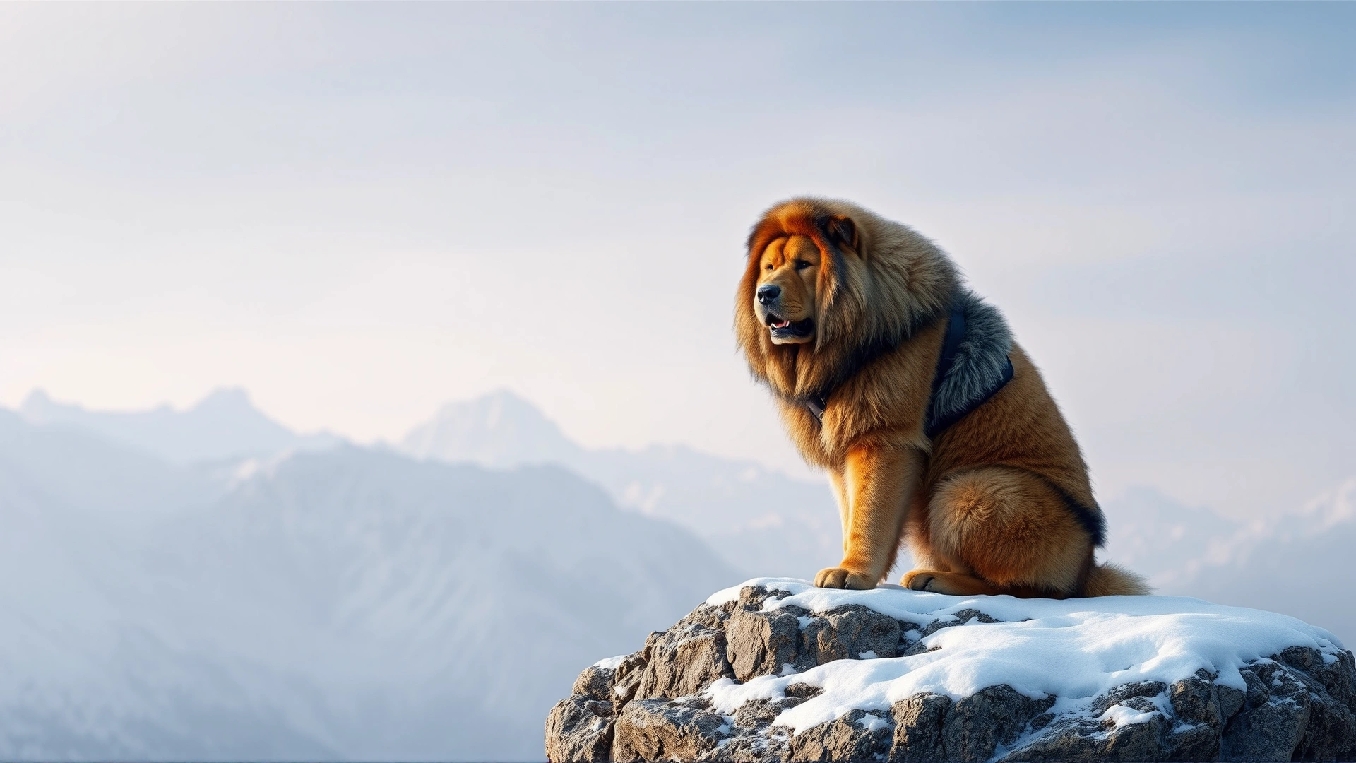 Majestic Tibetan Mastiff sitting atop a snow-covered rock with the Himalayan mountains faintly visible behind.