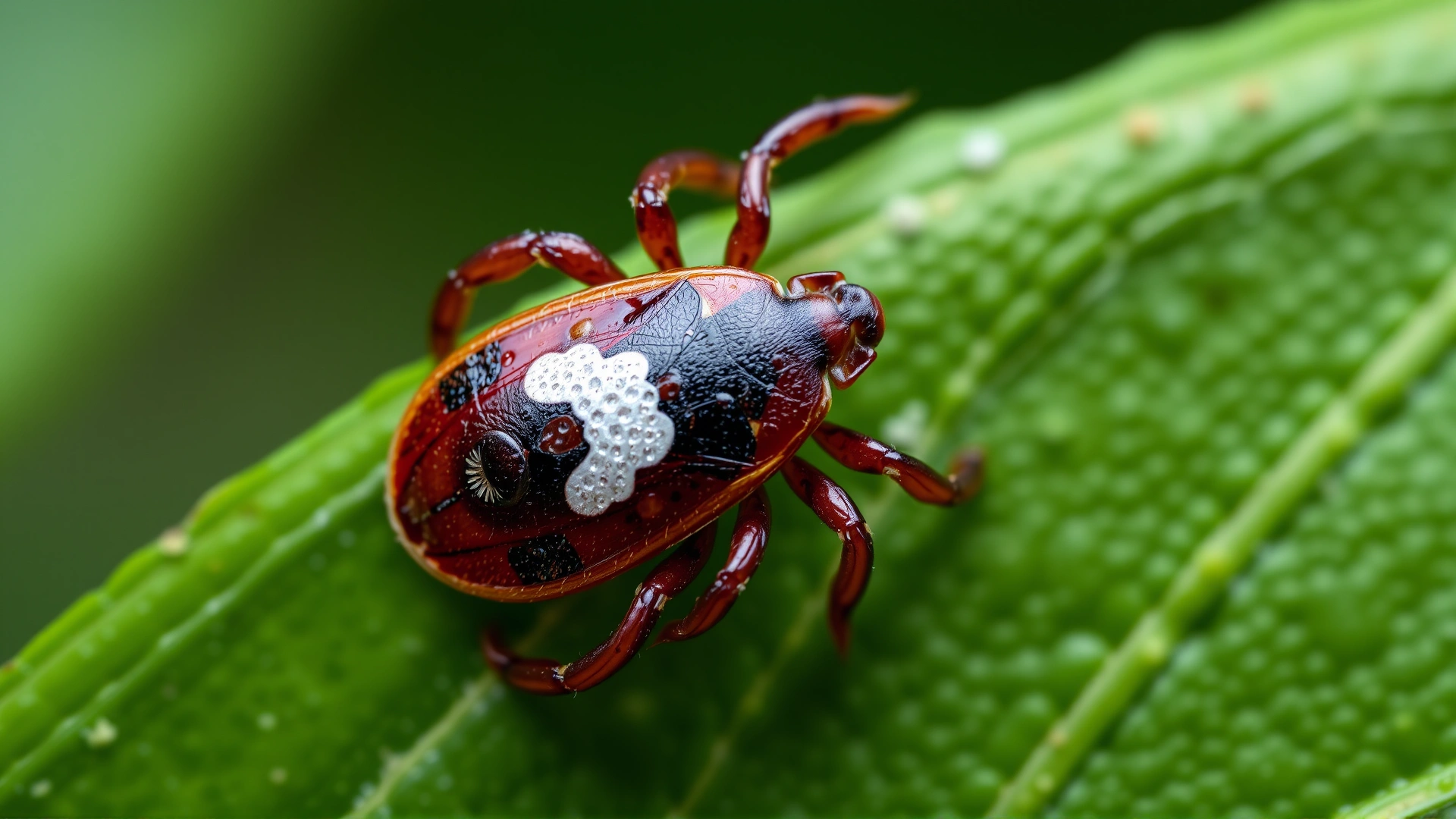 American dog tick (Dermacentor variabilis) on a green leaf, clearly showing white mottled scutum, macro lens, no text
