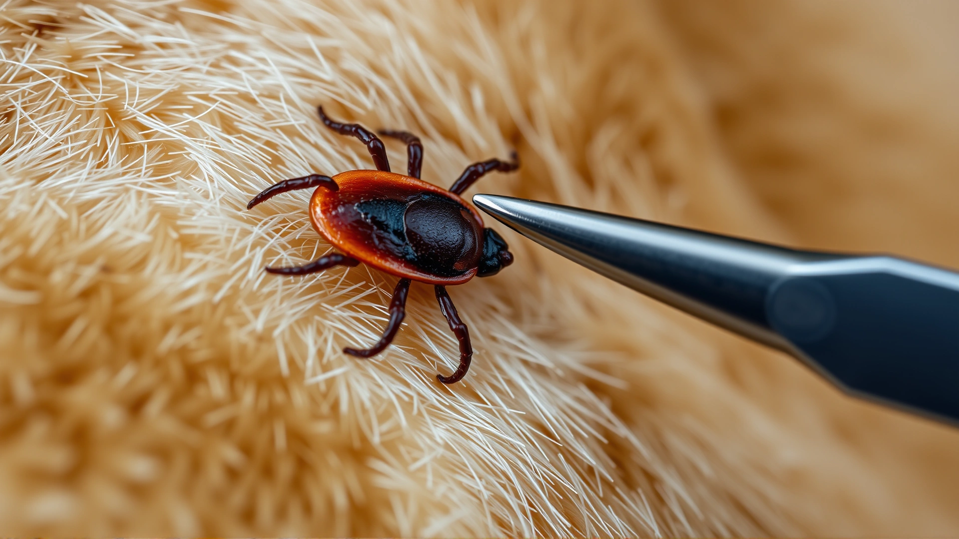 Close-up image of a tick attached to a cat’s skin with tweezers nearby to illustrate removal.
