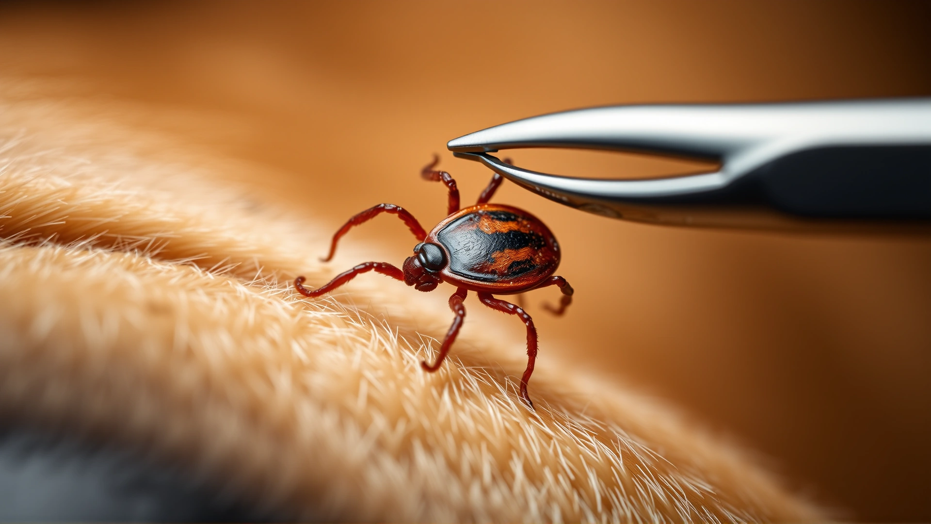 Macro shot of a wood tick embedded in a dog's skin while veterinarian tweezers carefully grip the tick for removal.