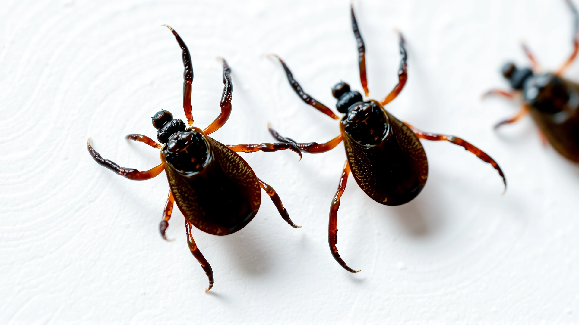 Close-up of a brown dog tick on a white background, body slightly engorged, high-resolution macro shot, no text