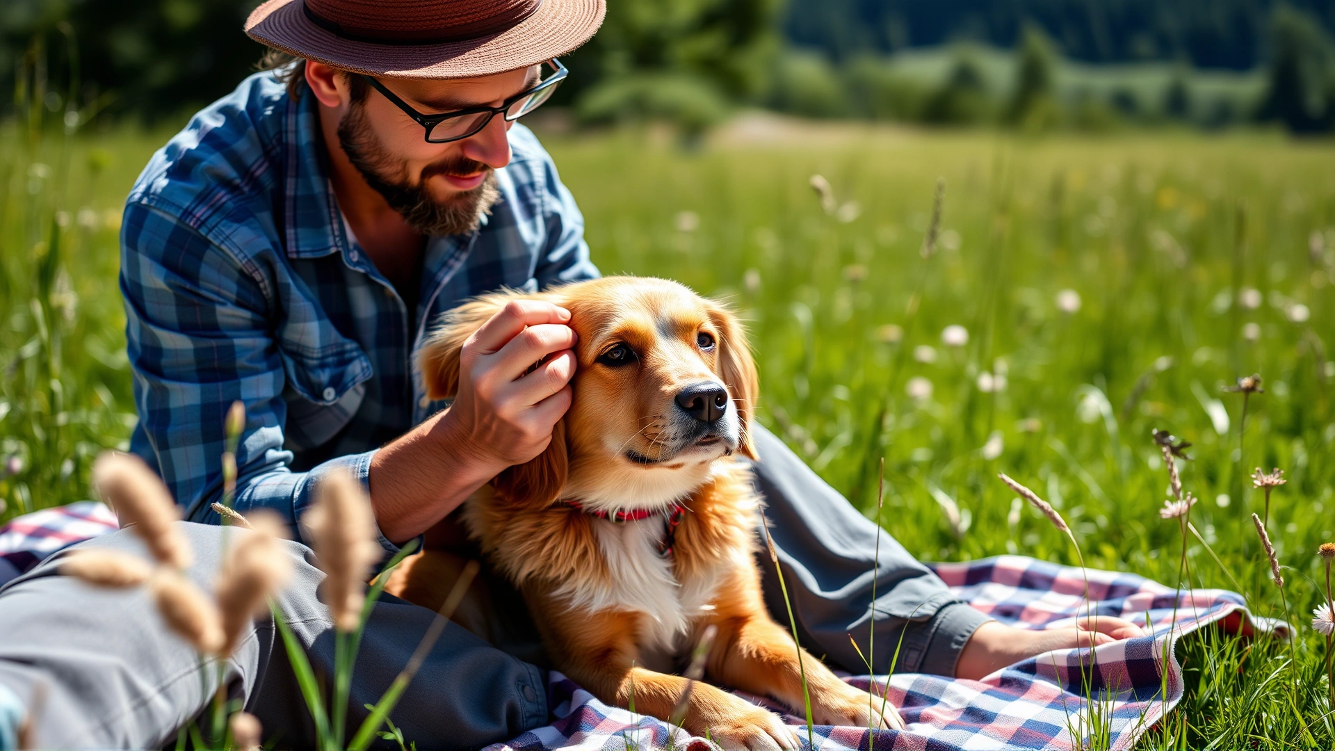 Owner checking a dog's fur for ticks while sitting on a picnic blanket in a sunny meadow