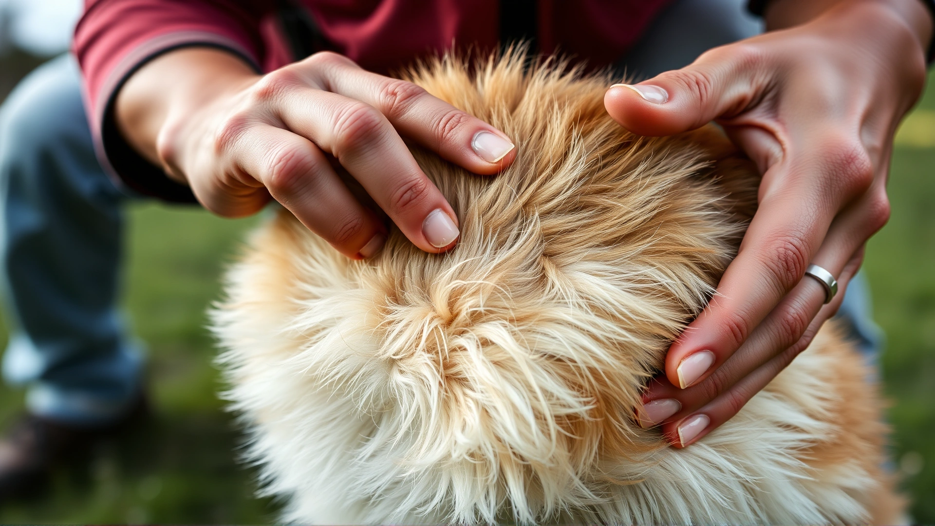Close-up of human hands Parting a dog's fur to inspect for ticks, outdoor background slightly blurred, no text on image