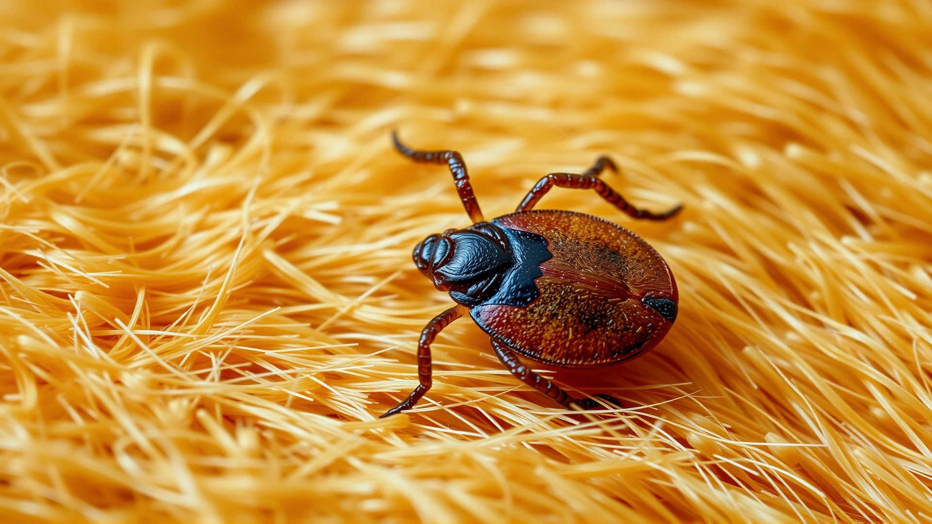 Macro shot of a brown tick attached to orange cat fur, high detail, sharp focus.