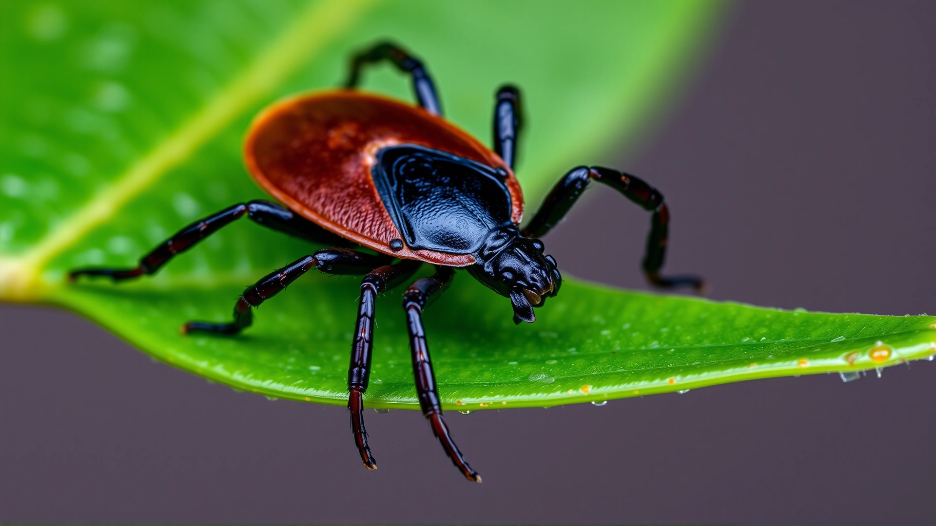 Macro photo of a black-legged tick (Ixodes scapularis) on a green leaf, high detail, isolated background
