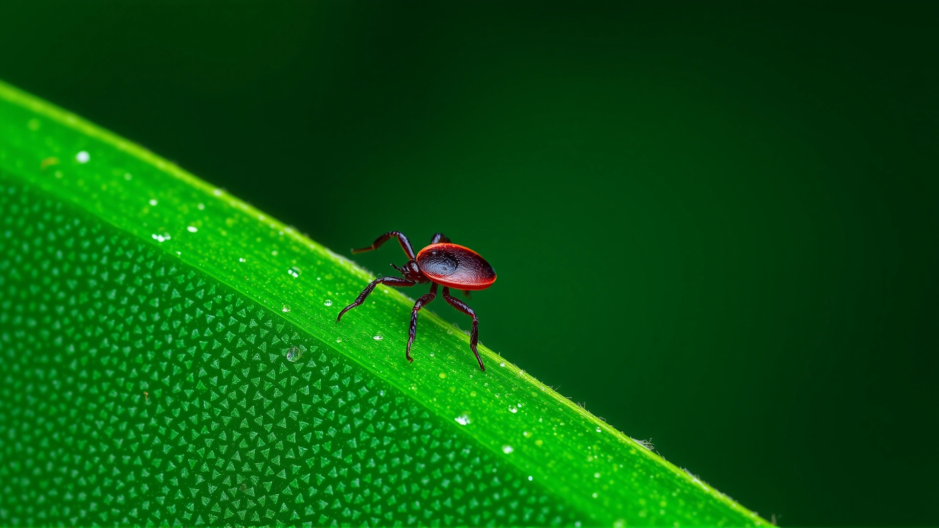 Macro photograph of a single tick on a bright green leaf, showing detailed textures