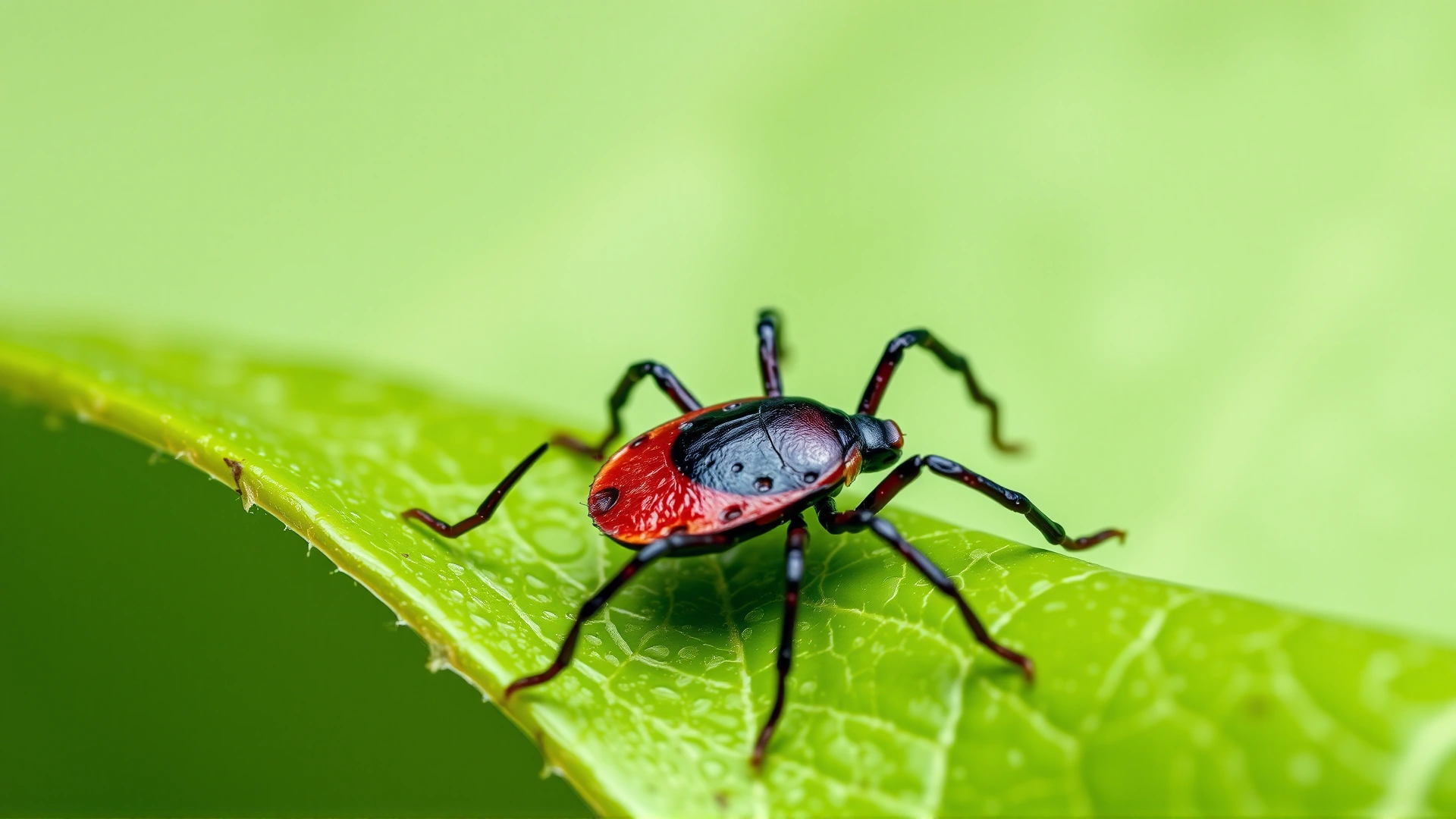 Ultra-macro photograph of a black-legged tick (Ixodes scapularis) crawling on a green leaf, sharp focus, natural lighting, no text
