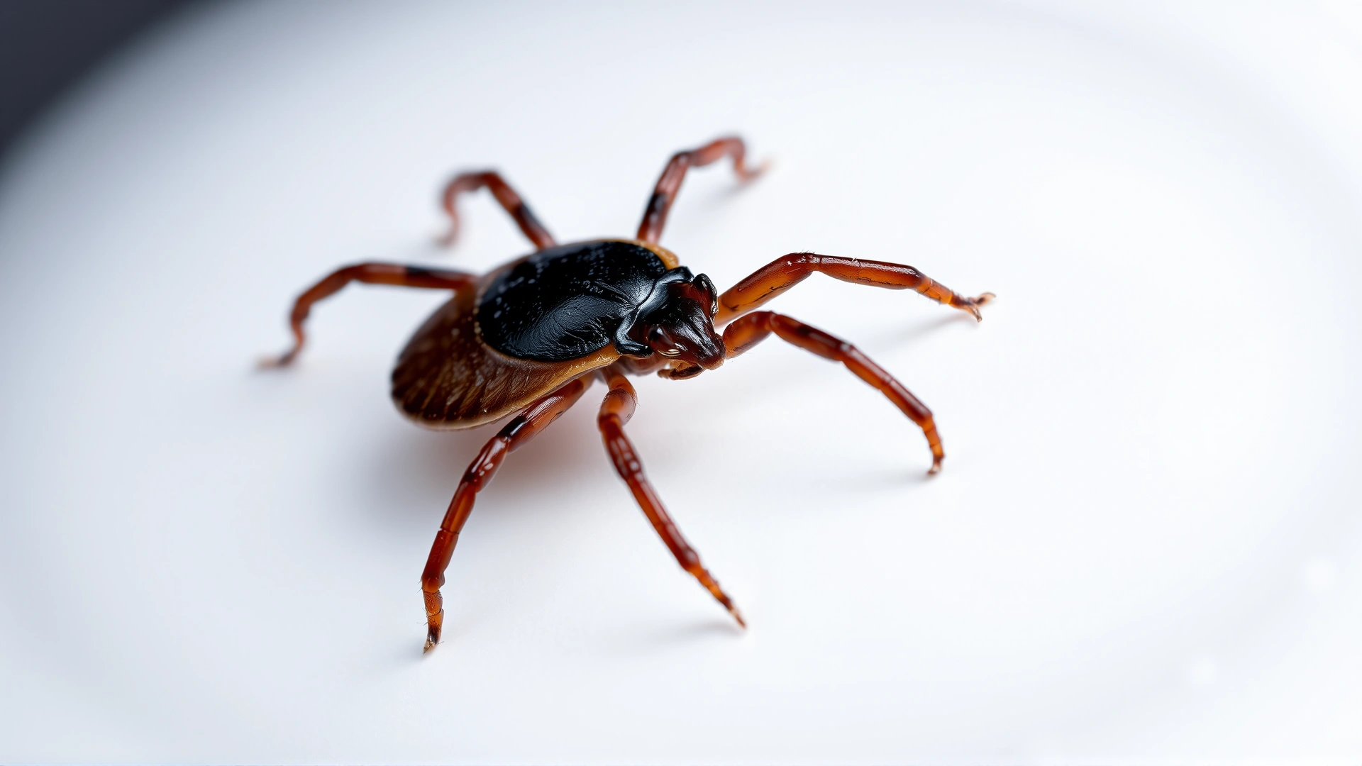 Macro shot of a brown dog tick on a white background, showing detailed legs and mouthparts.