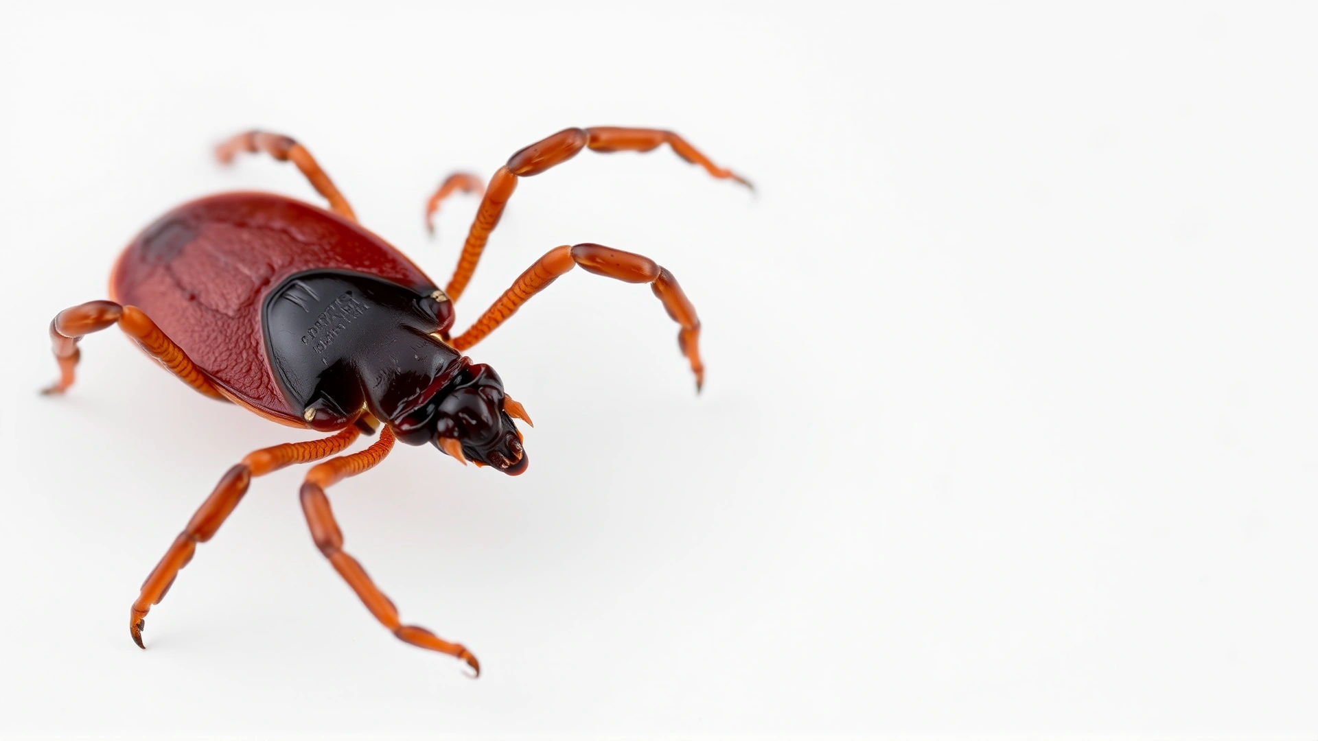 Macro shot of a brown dog tick (Rhipicephalus sanguineus) on white background, showing details of its legs and mouthparts.