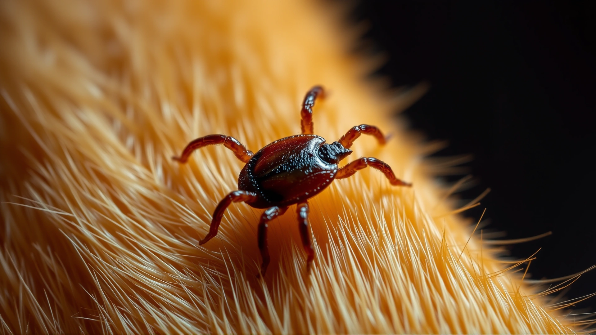Macro photograph of an engorged tick crawling on orange cat fur