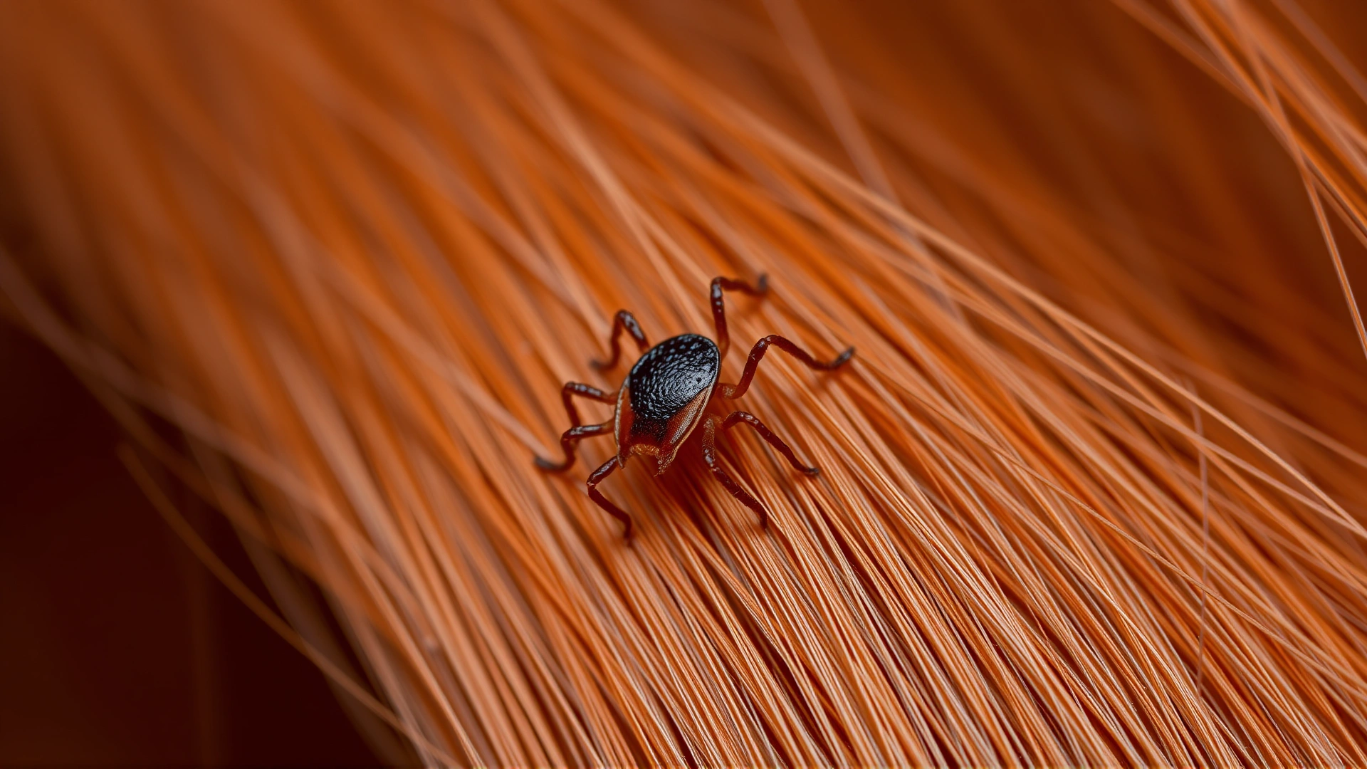 Macro shot of a deer tick (Ixodes scapularis) crawling on chestnut horse hair, high detail, natural lighting.