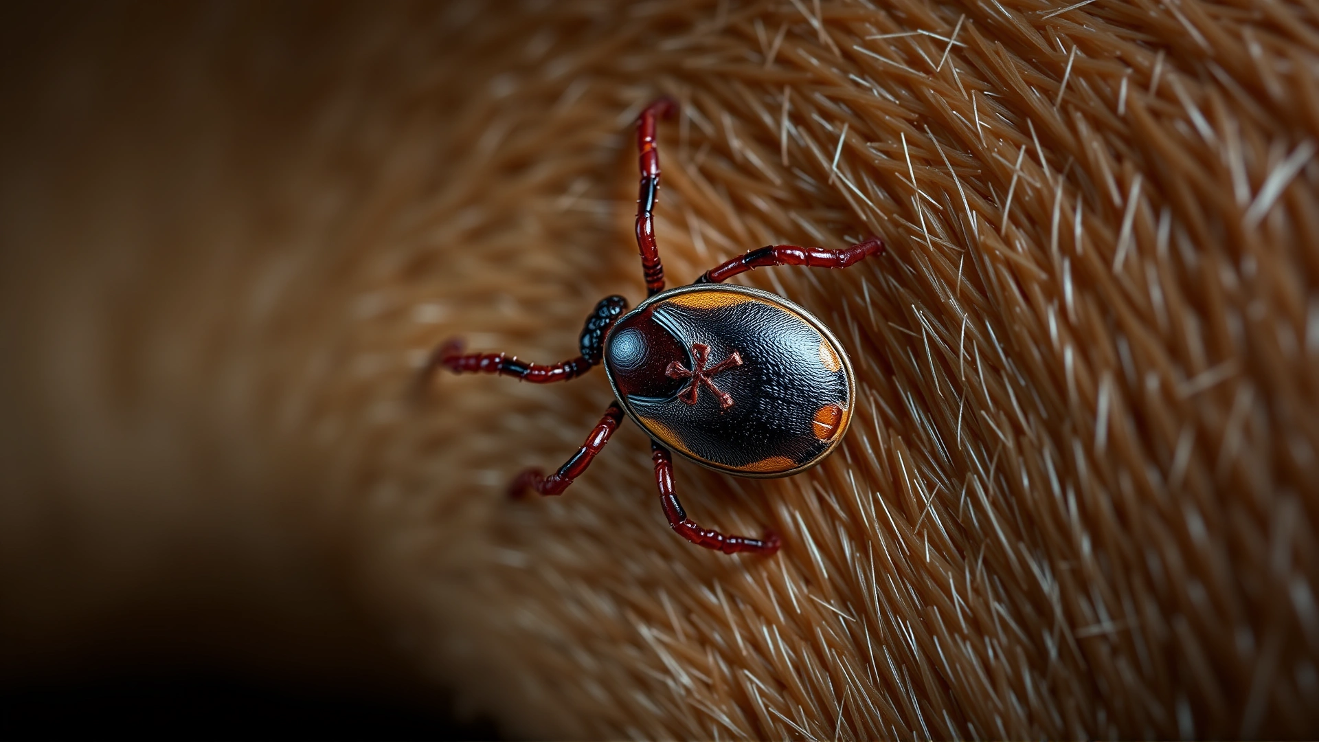 Macro shot of an engorged tick attached to a dog's skin, showing fine details of the parasite.