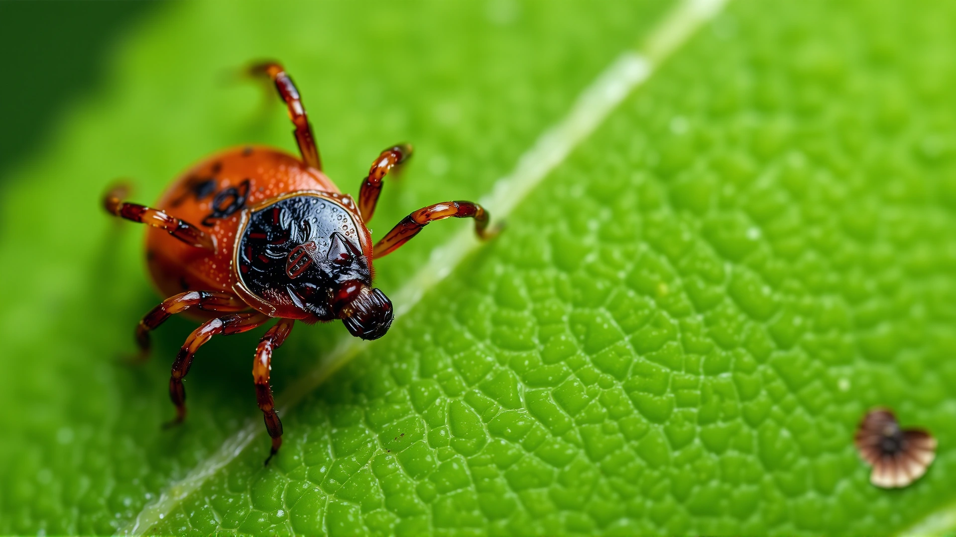 Macro photograph of a brown dog tick on a green leaf, high detail, sharp focus, no text.