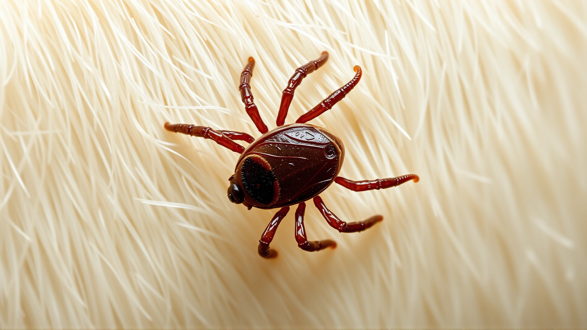 Extreme macro photograph of an engorged tick clinging to light-colored animal fur, high detail