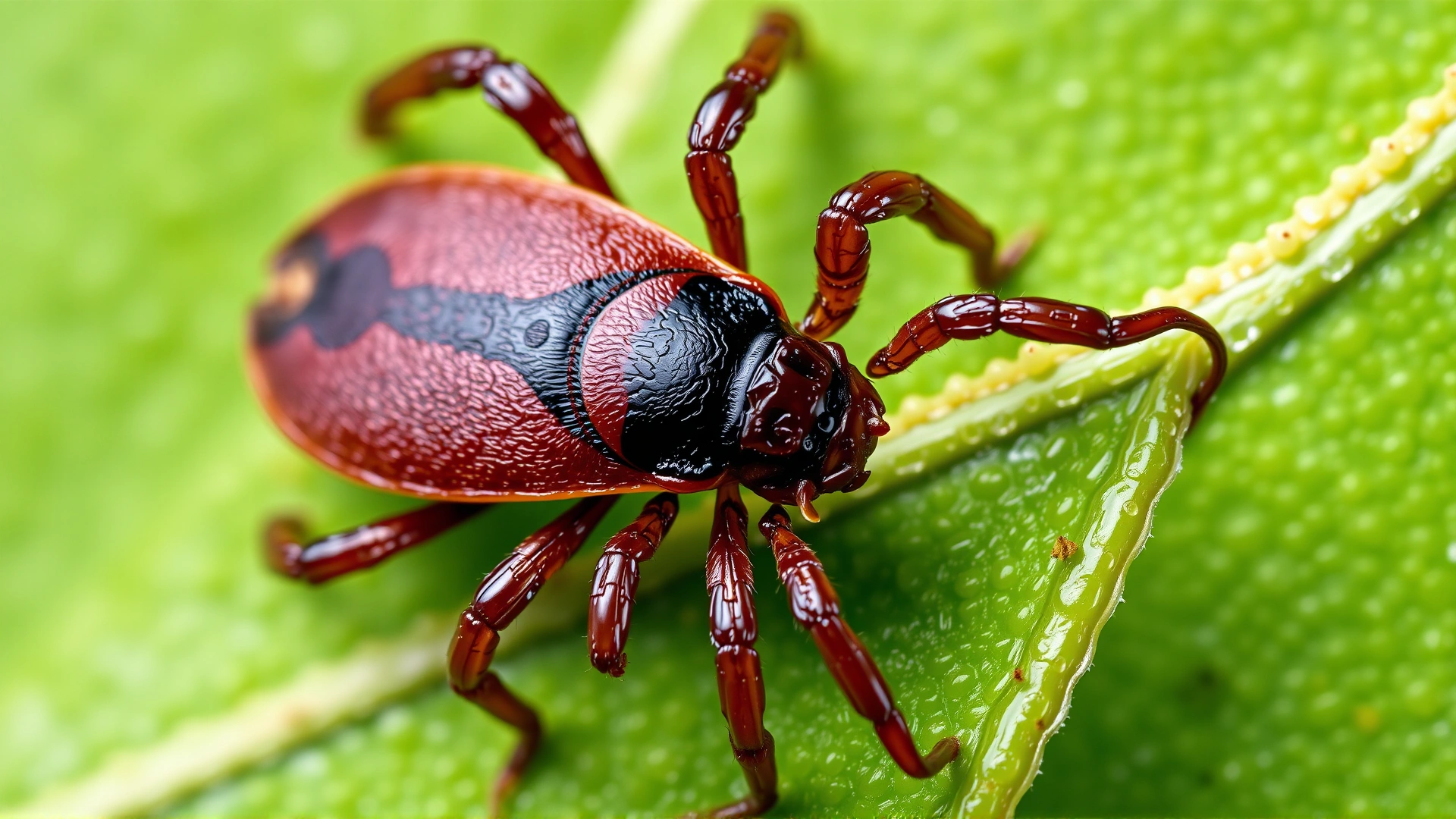 Macro shot of a brown dog tick on a green leaf, high detail, no text