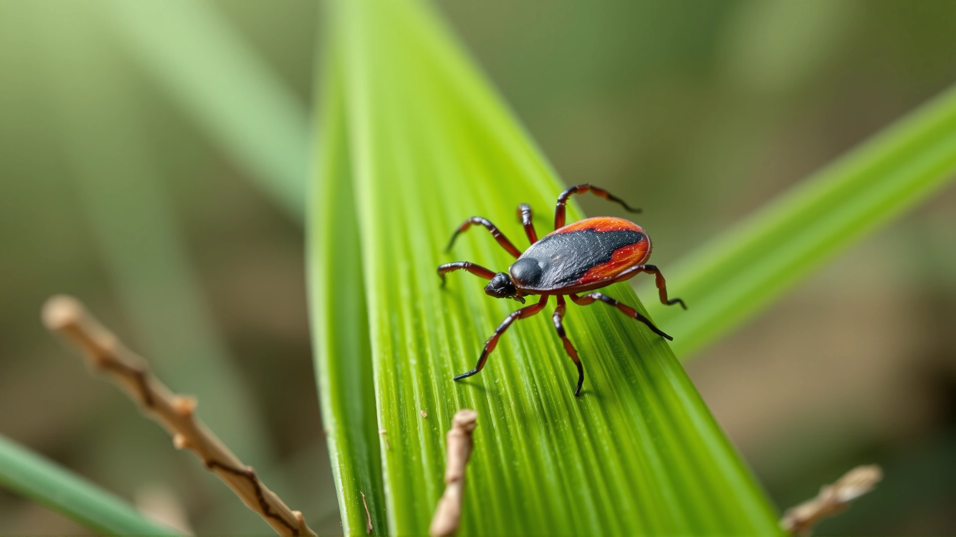 Close-up image of a tick crawling on a green blade of grass, representing the environmental risk of tick exposure.