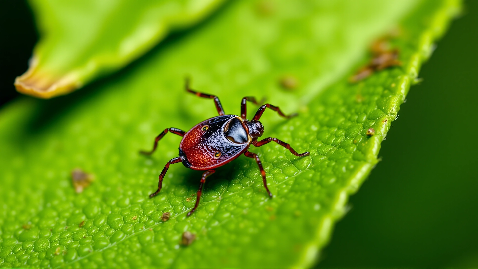 Extreme macro shot of a single deer tick (Ixodes scapularis) crawling on a vibrant green leaf, studio lighting, high detail, no text.
