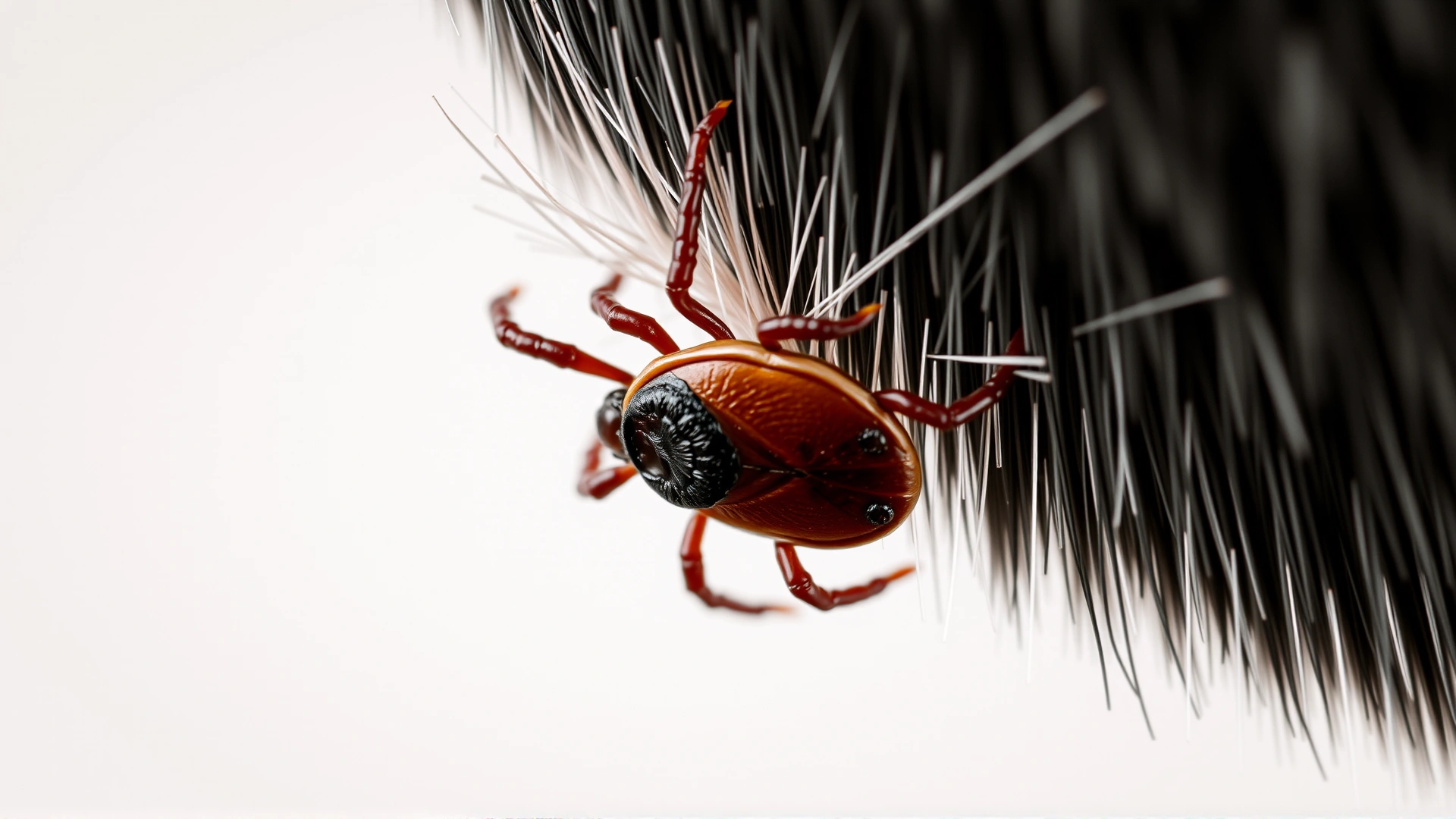 Macro photograph of an engorged tick clinging to short dog hair, on neutral background.