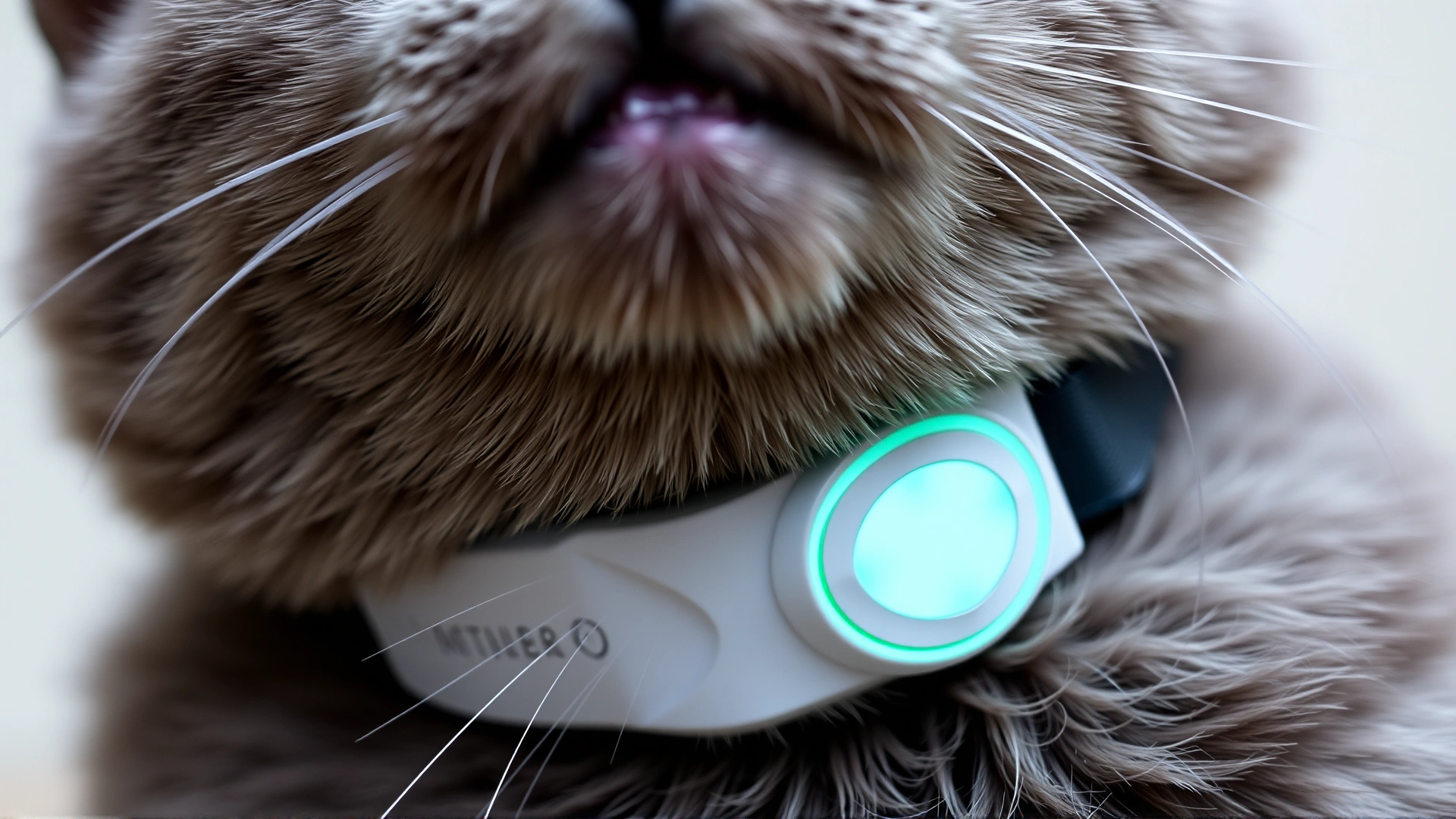 Close-up of a grey cat wearing a modern tick-repellent collar, focus on the collar and neck area