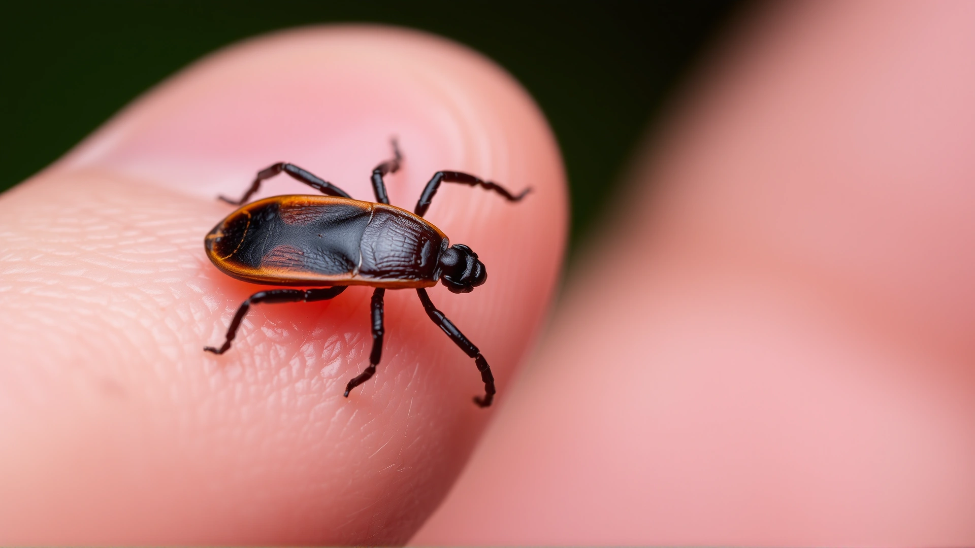 Blacklegged deer tick (Ixodes scapularis) with black legs and reddish body crawling on human fingertip for scale, macro photo, no text