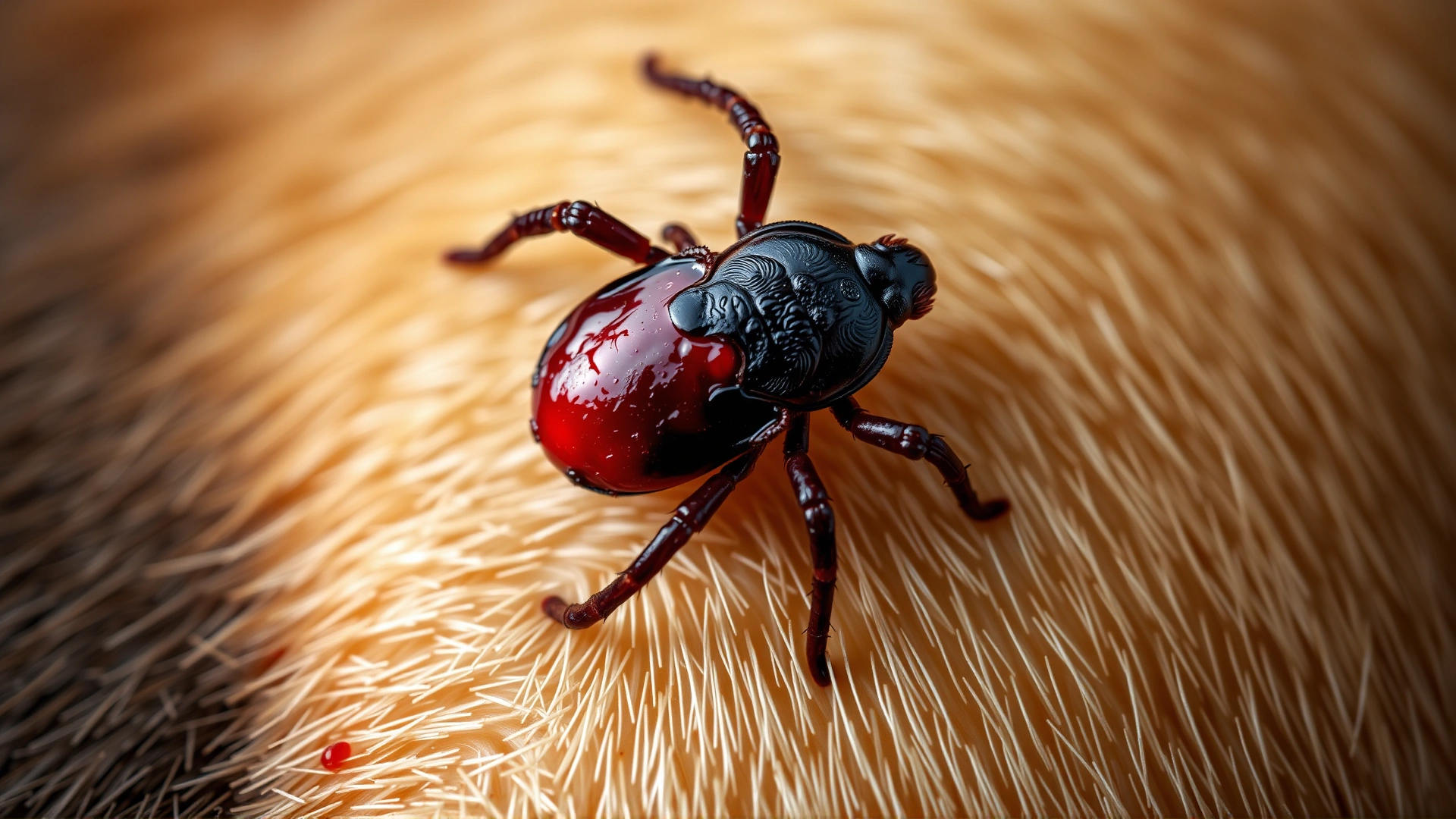 Macro shot of an engorged tick filled with blood attached to a dog's skin, shallow depth of field