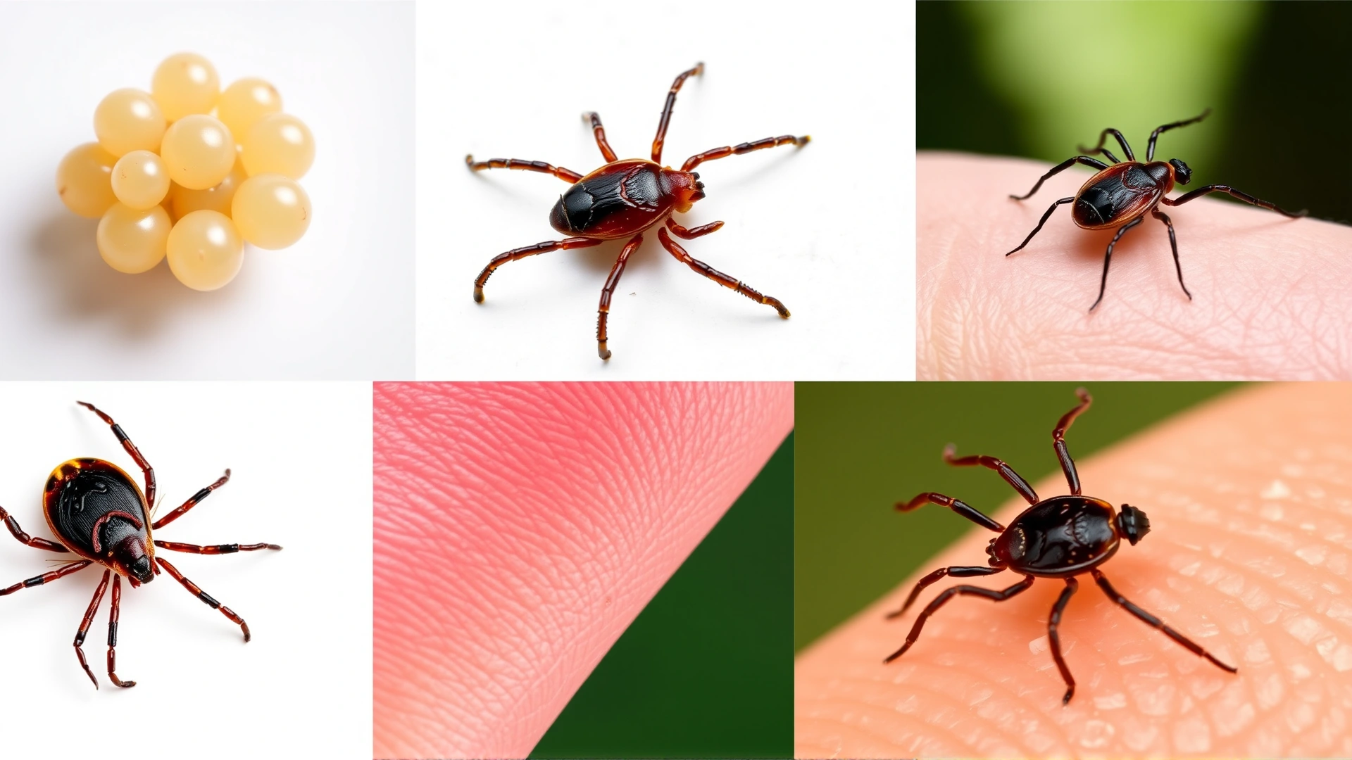 Collage style photograph displaying four separate high-resolution images of tick life stages—egg cluster, six-legged larva on white background, eight-legged nymph on human finger, and adult female tick on animal fur, no labels or text.