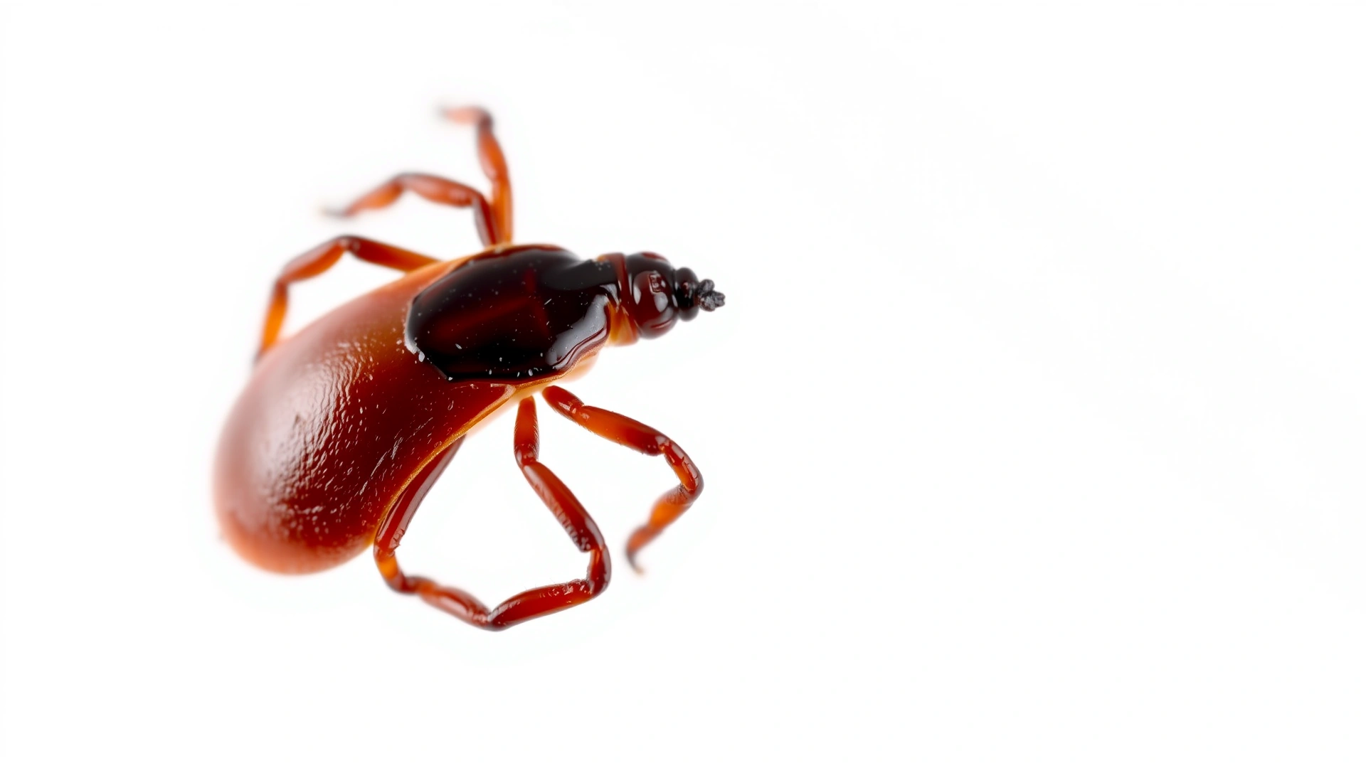 Extreme macro shot of an engorged tick against a plain white background, sharp focus showing details of the tick's legs and body
