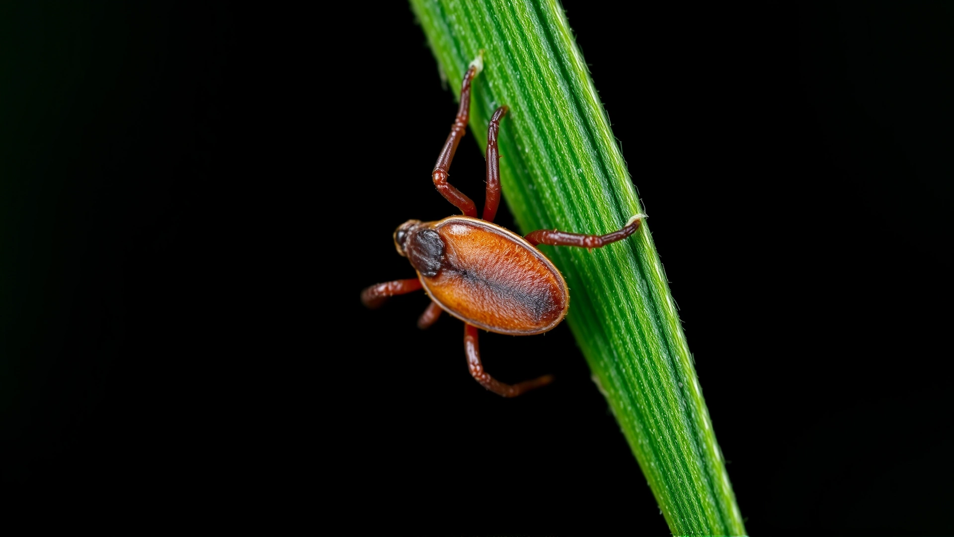 Extreme macro photograph of a brown tick clinging to a green leaf, sharp details and dark background