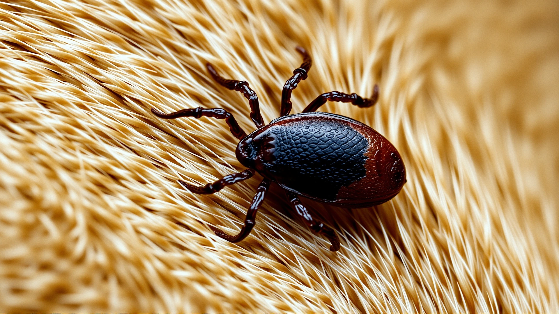 Macro photograph of a brown tick attached to a cat’s skin with fur gently parted to reveal the parasite, neutral blurred background, no text