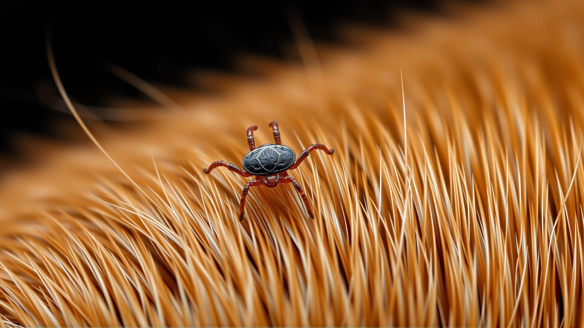 High-resolution image showing a tick crawling on short brown dog hair for educational emphasis.