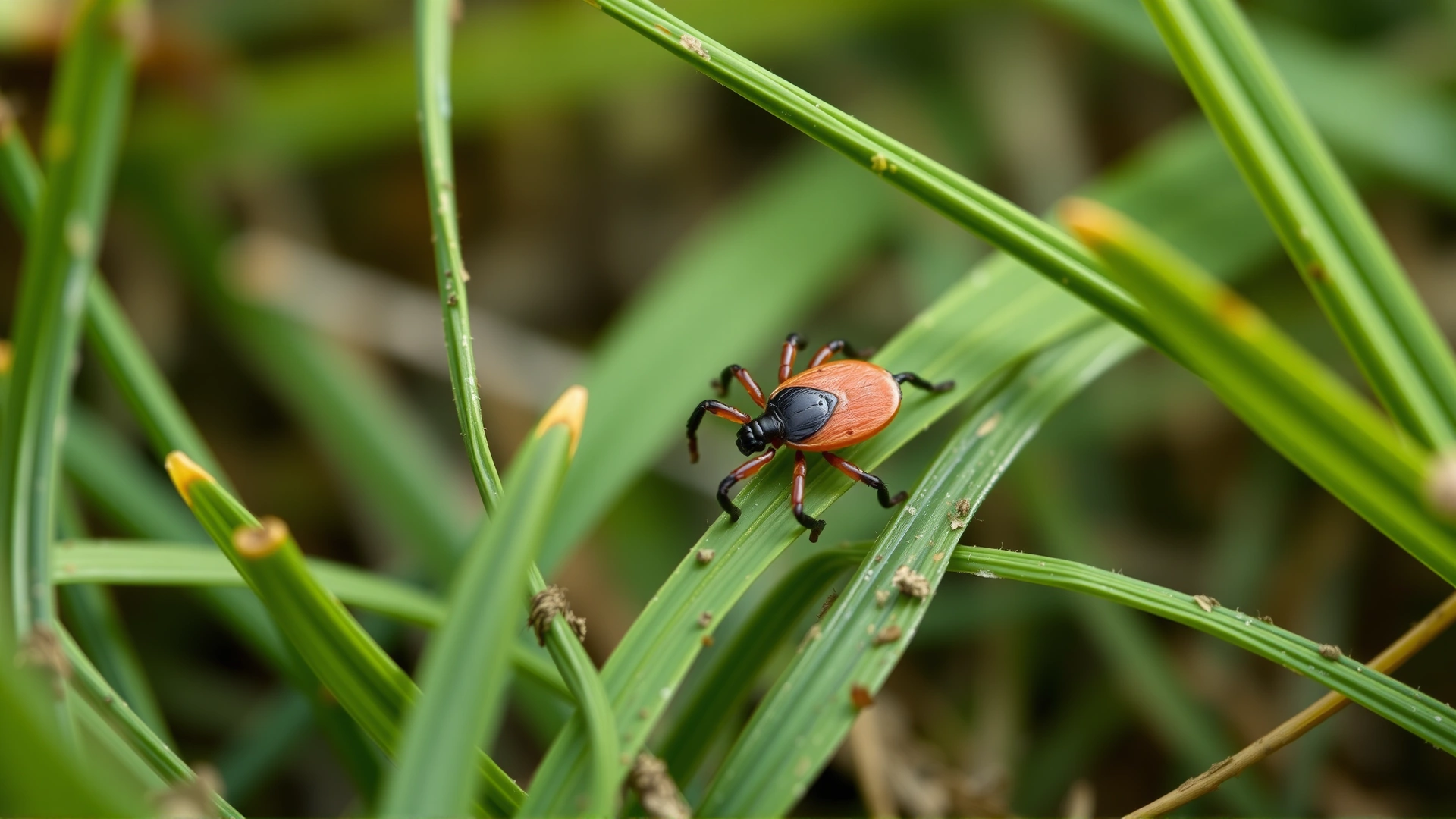 Close-up of a tick crawling on green grass blades, representing the outdoor risk areas for dogs.