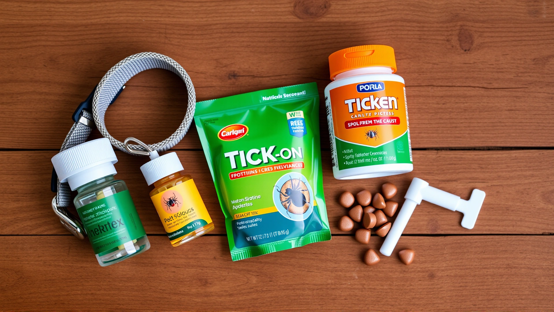 Flat lay of various tick-prevention products: collar, spot-on pipettes, and chewable tablets on a wooden table