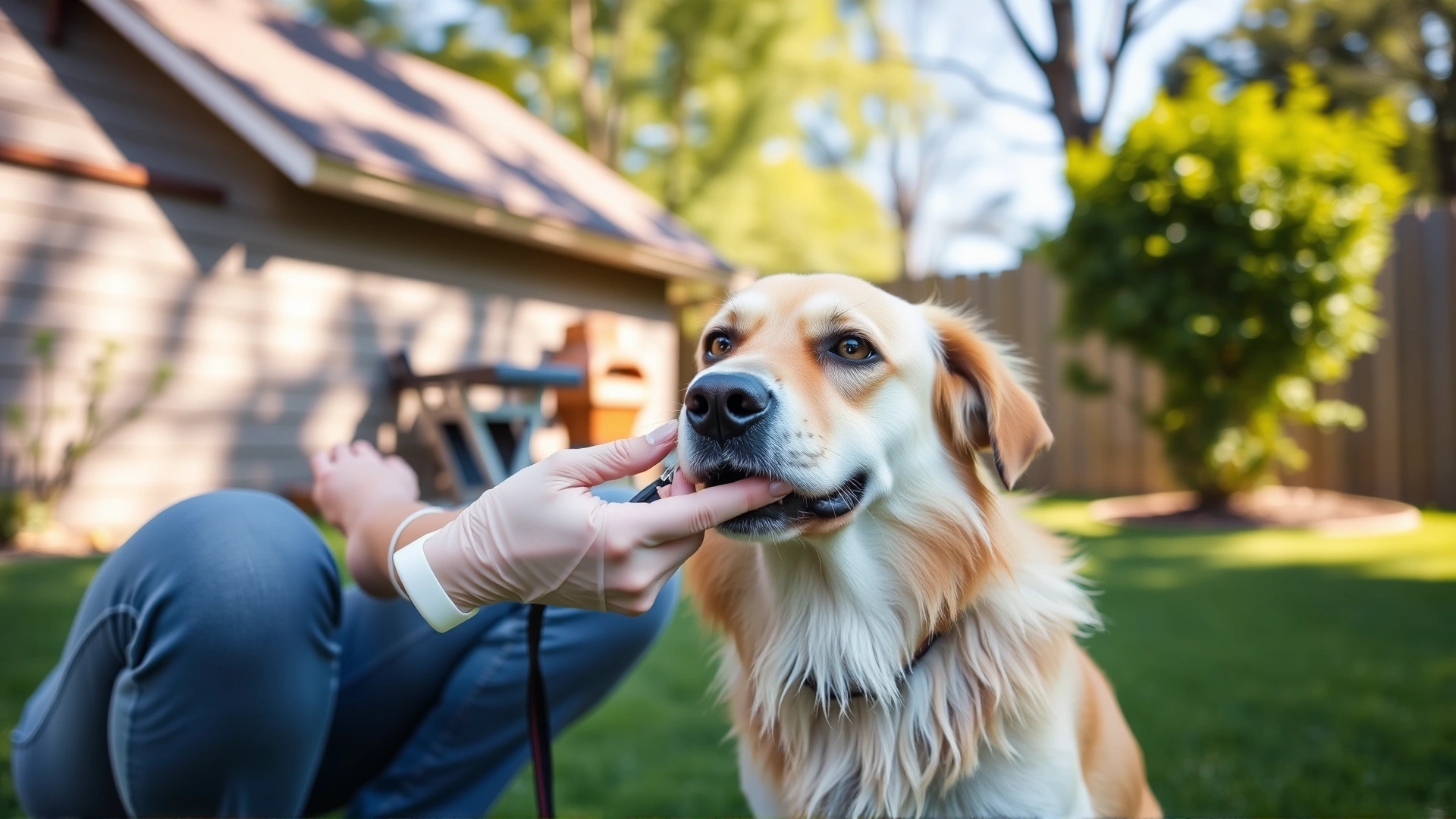 Lifestyle photo of a woman applying topical tick preventive treatment to a dog in a sunny backyard.