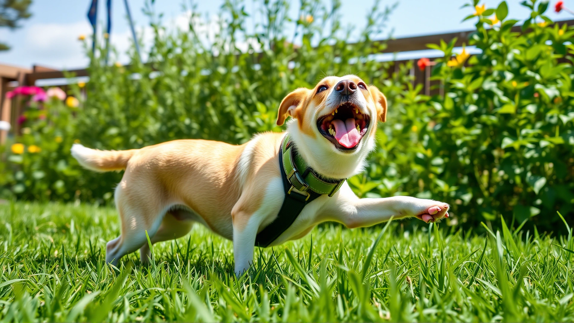Happy dog wearing a tick-prevention collar while playing in a lush green garden, sunny day, no text.