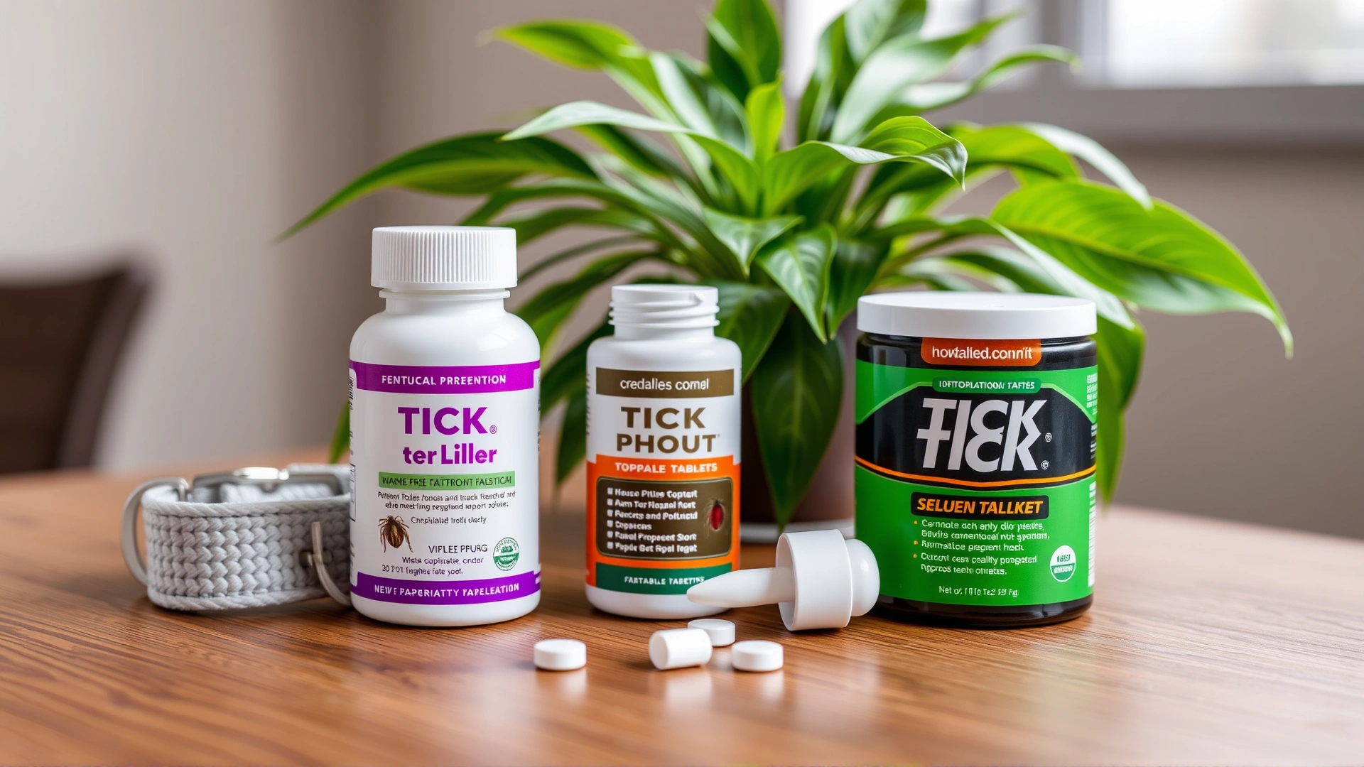 Assortment of tick prevention products (collar, topical pipette, and chewable tablet) neatly arranged on a wooden table with a house plant in the background.