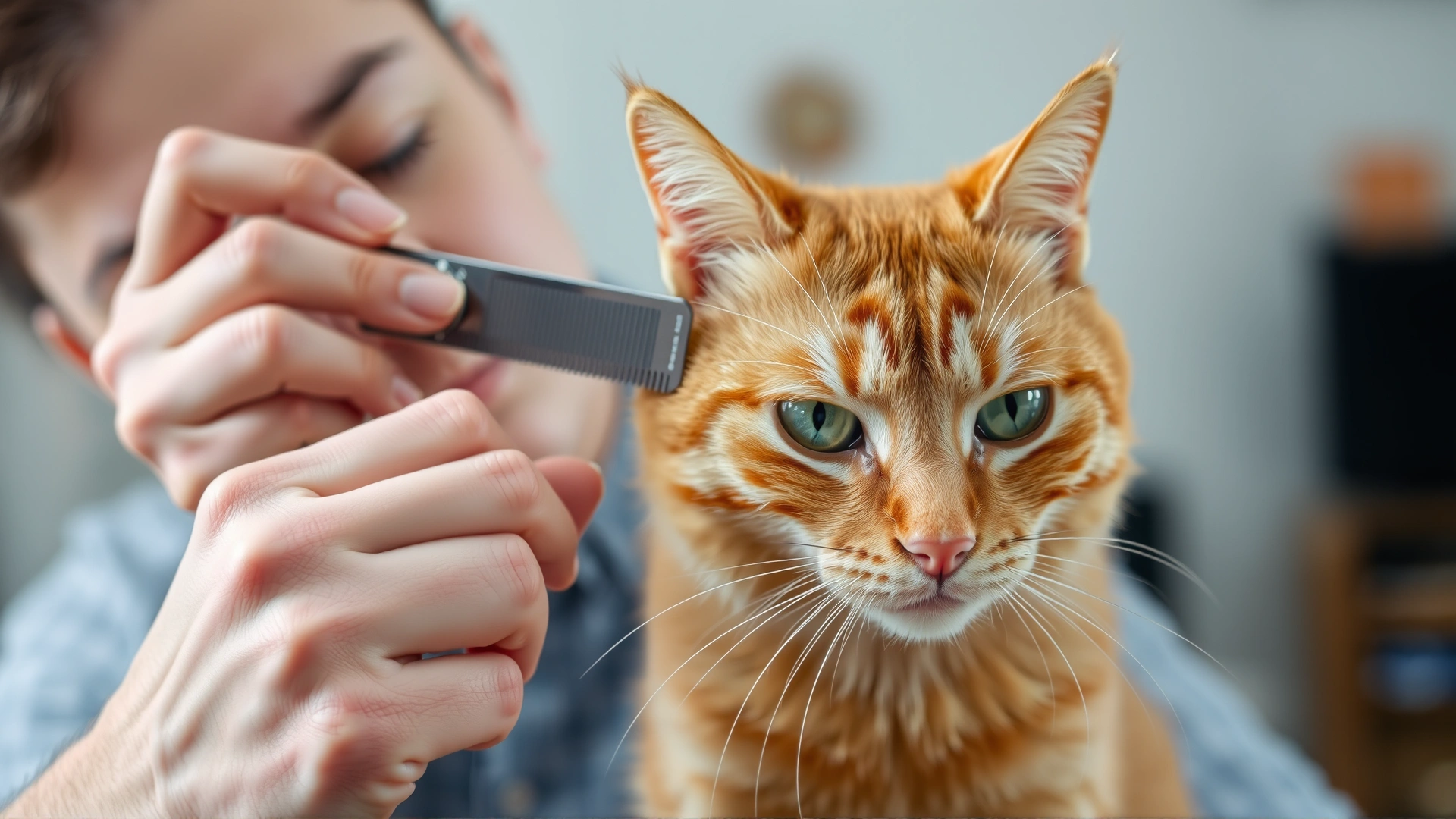 Cat owner using a fine-tooth comb to check a ginger cat’s fur for ticks at home, bright indoor lighting