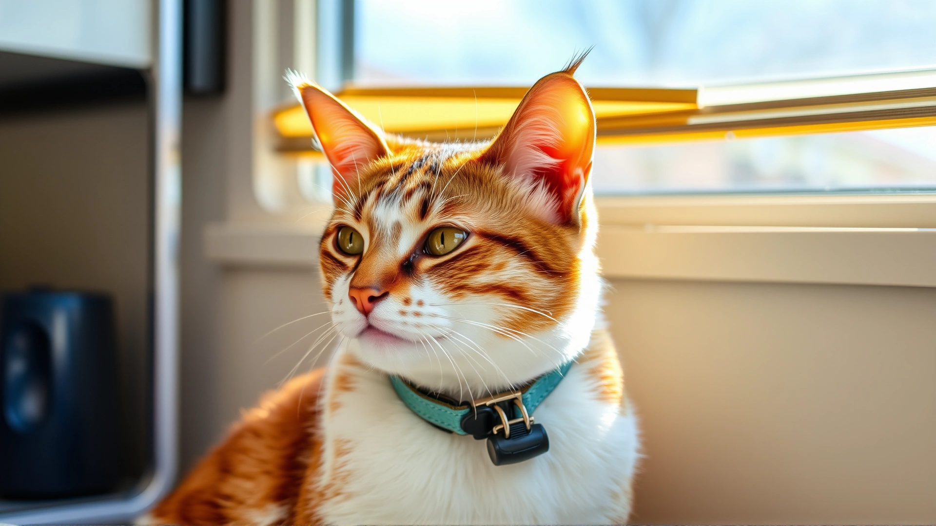 Domestic cat sitting near a sunny window wearing a tick-prevention collar, relaxed posture, home environment, realistic.