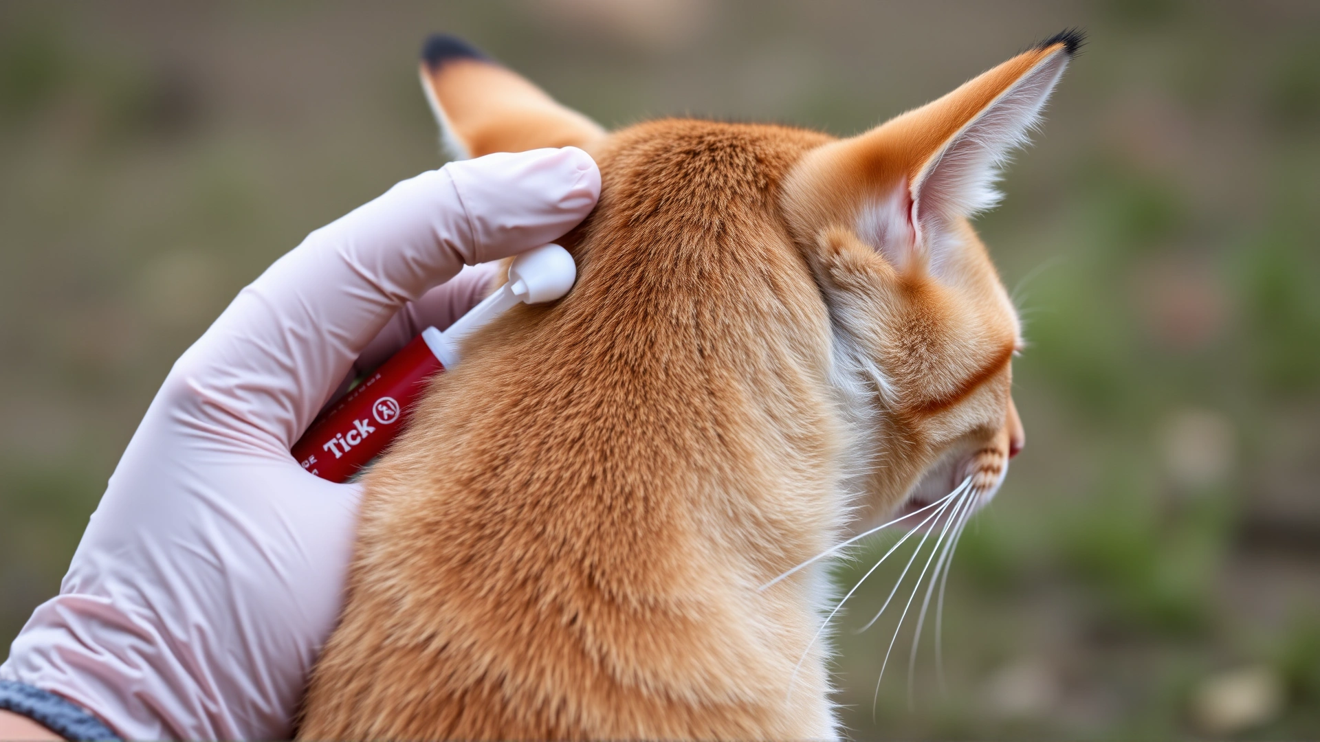 Hand wearing a glove applying topical tick preventive to the back of a cat's neck, blurred outdoor background.