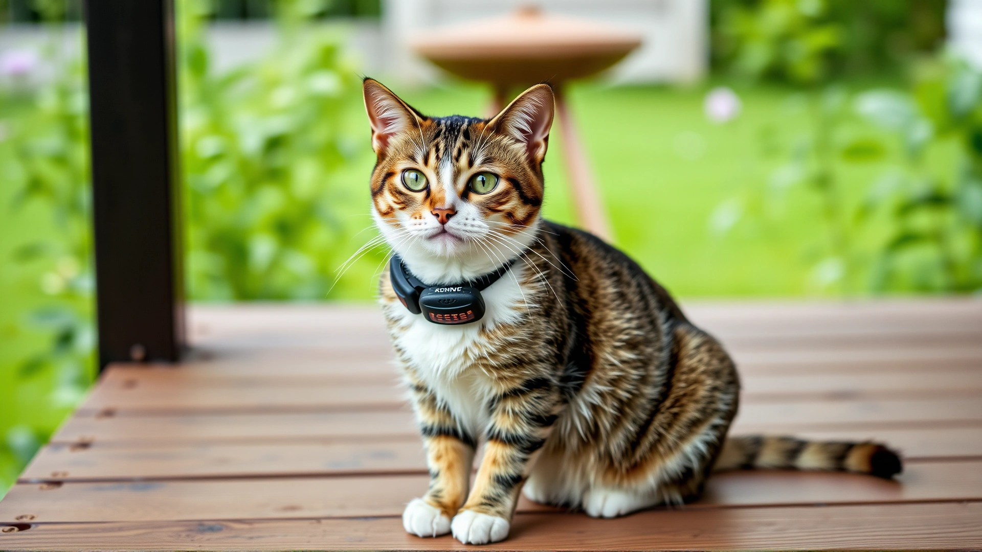 Domestic cat wearing a modern tick-repellent collar while sitting on a wooden porch with green garden background, no text