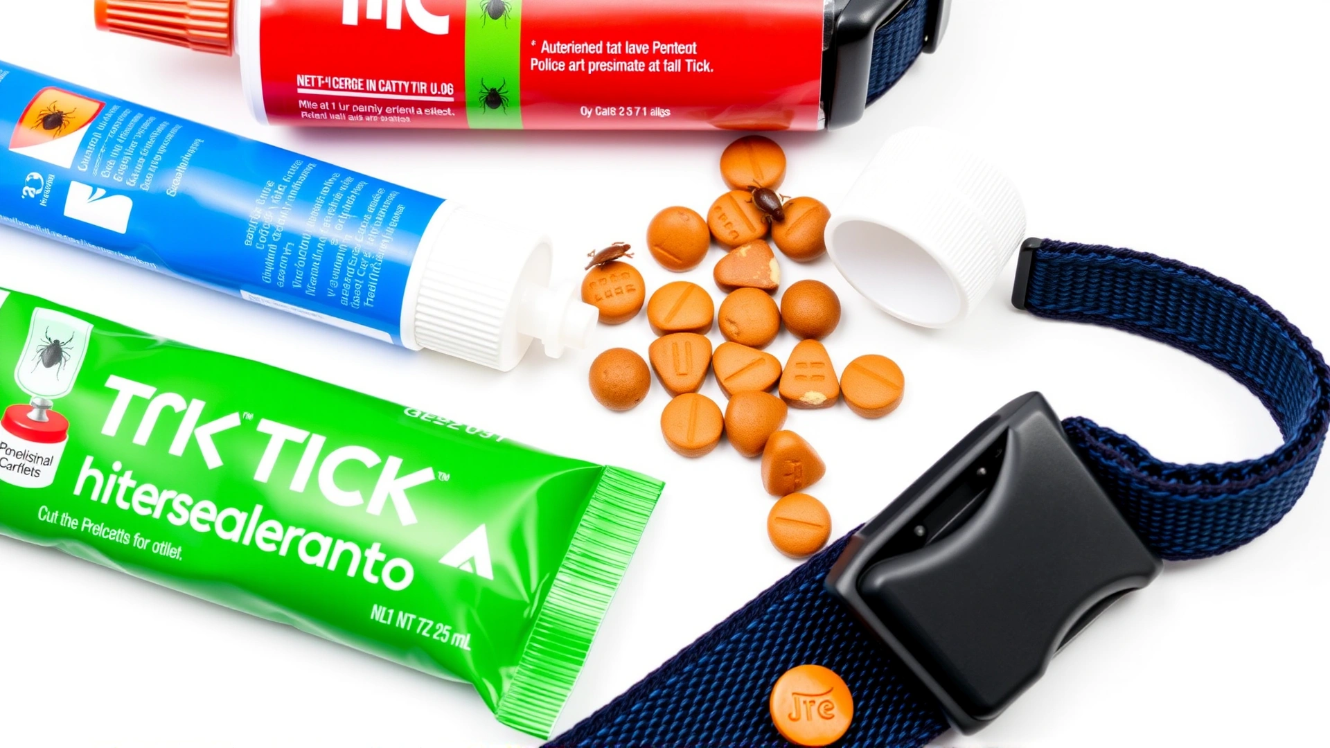 Flat lay of assorted veterinary tick prevention products including topical pipettes, chewable tablets, and a tick collar on a white background