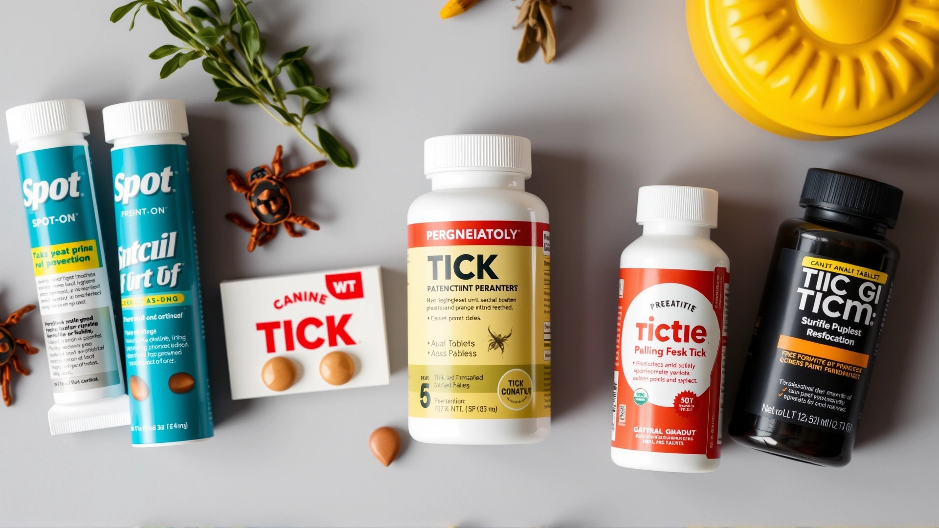 Flat lay photograph of various canine tick prevention products: spot-on tubes, a tick collar, and chewable tablets.