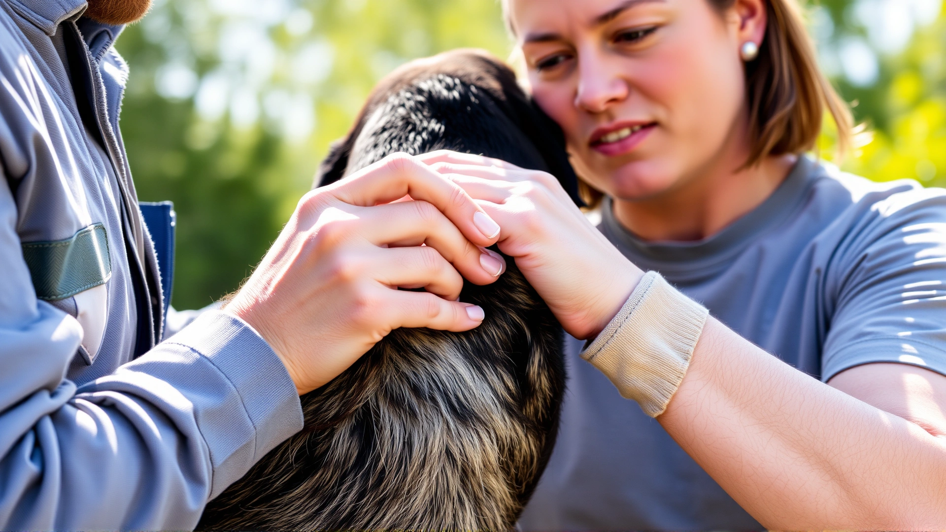 Owner applying a topical tick prevention treatment to a dog's shoulder area outdoors on a sunny day.