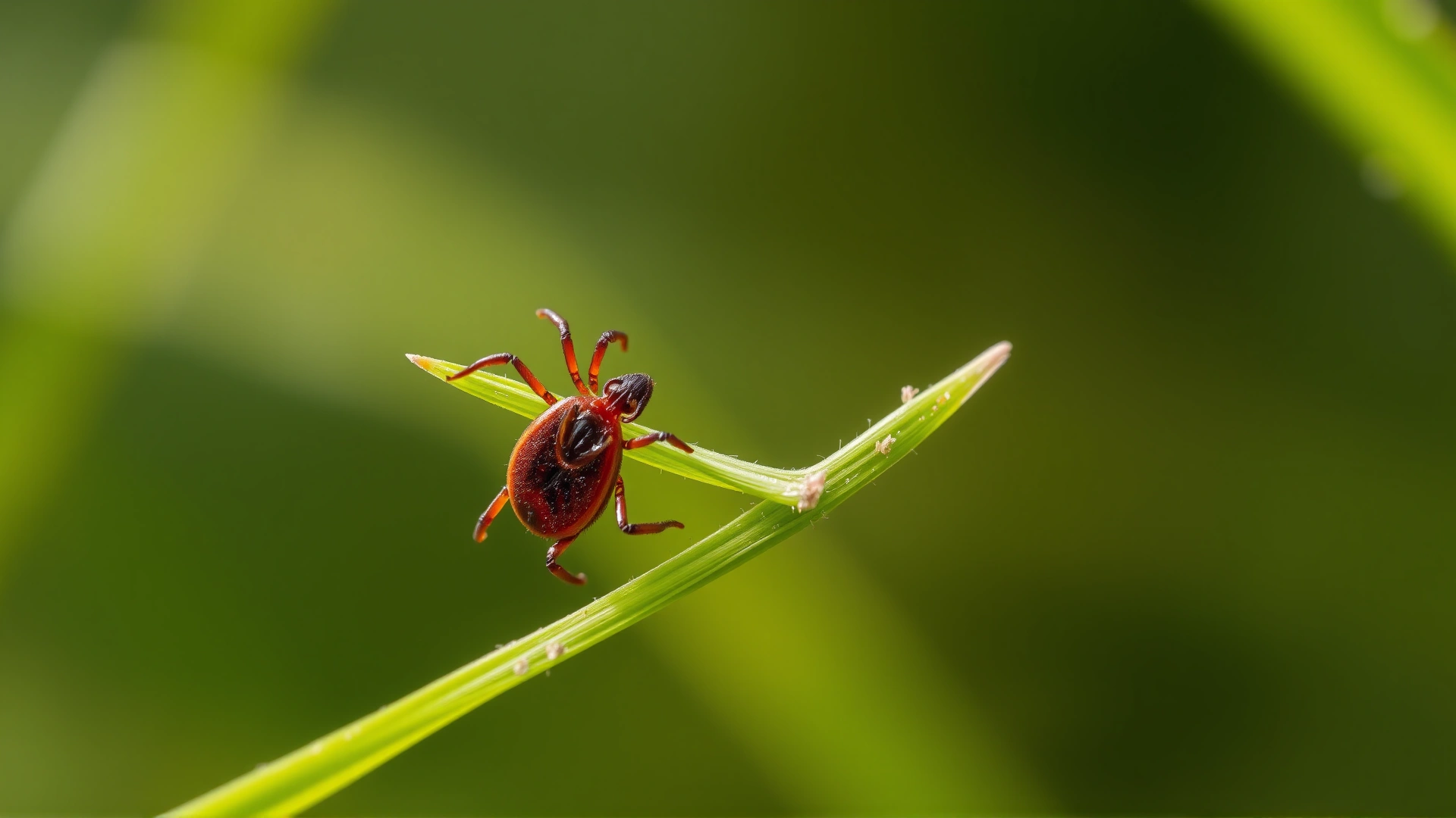 Macro shot of a tick on the tip of a grass blade in questing position against a blurred background