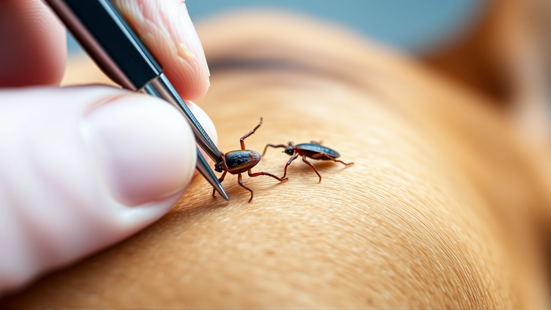 Close-up photo of human hand using fine-tipped tweezers to remove a tick from a dog’s skin, focus on technique, background softly blurred, no text.