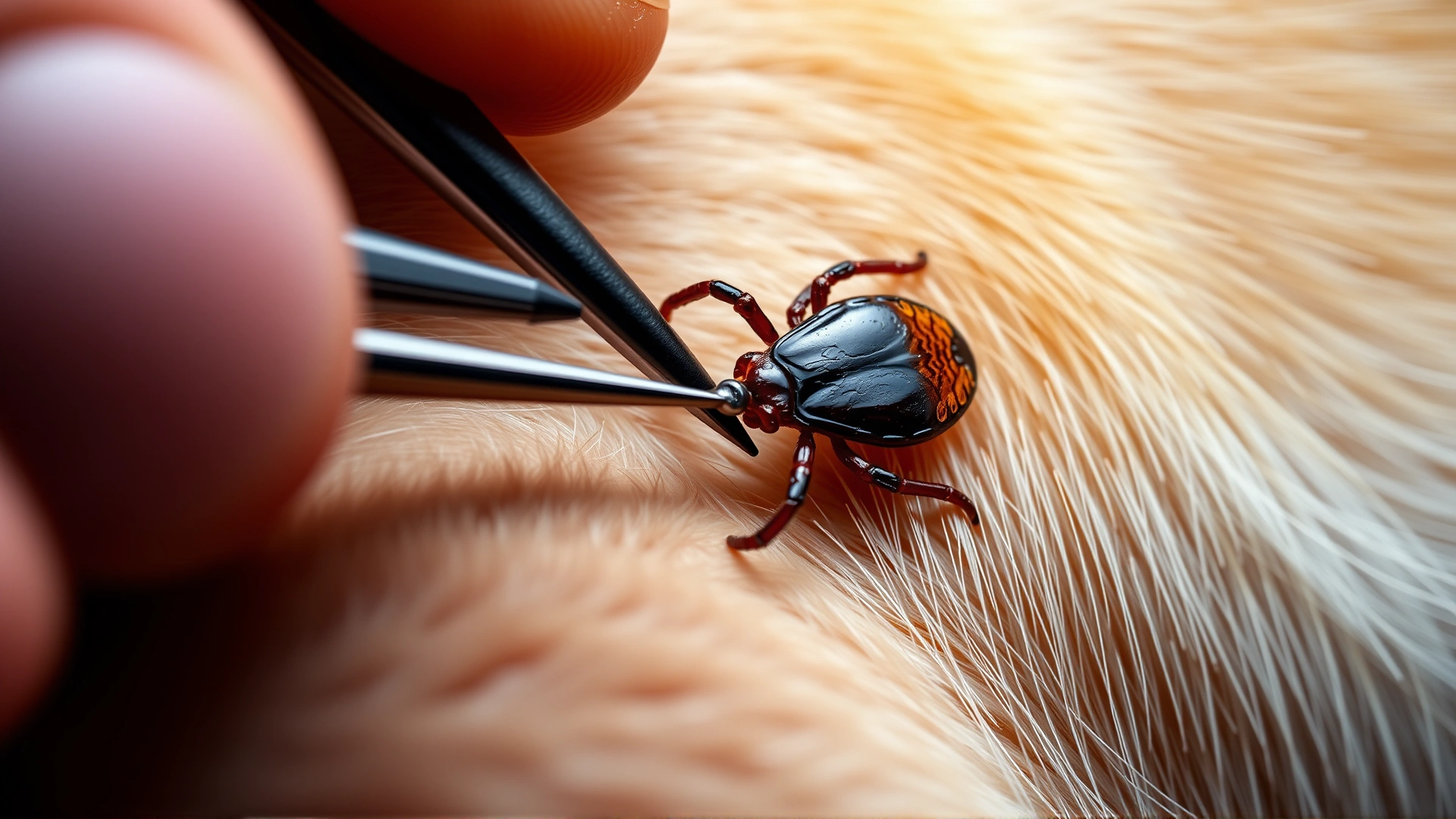 Close-up of human hand using fine-tipped tweezers to remove a tick from a dog's skin, with clear view of the grip near the tick's mouthparts.